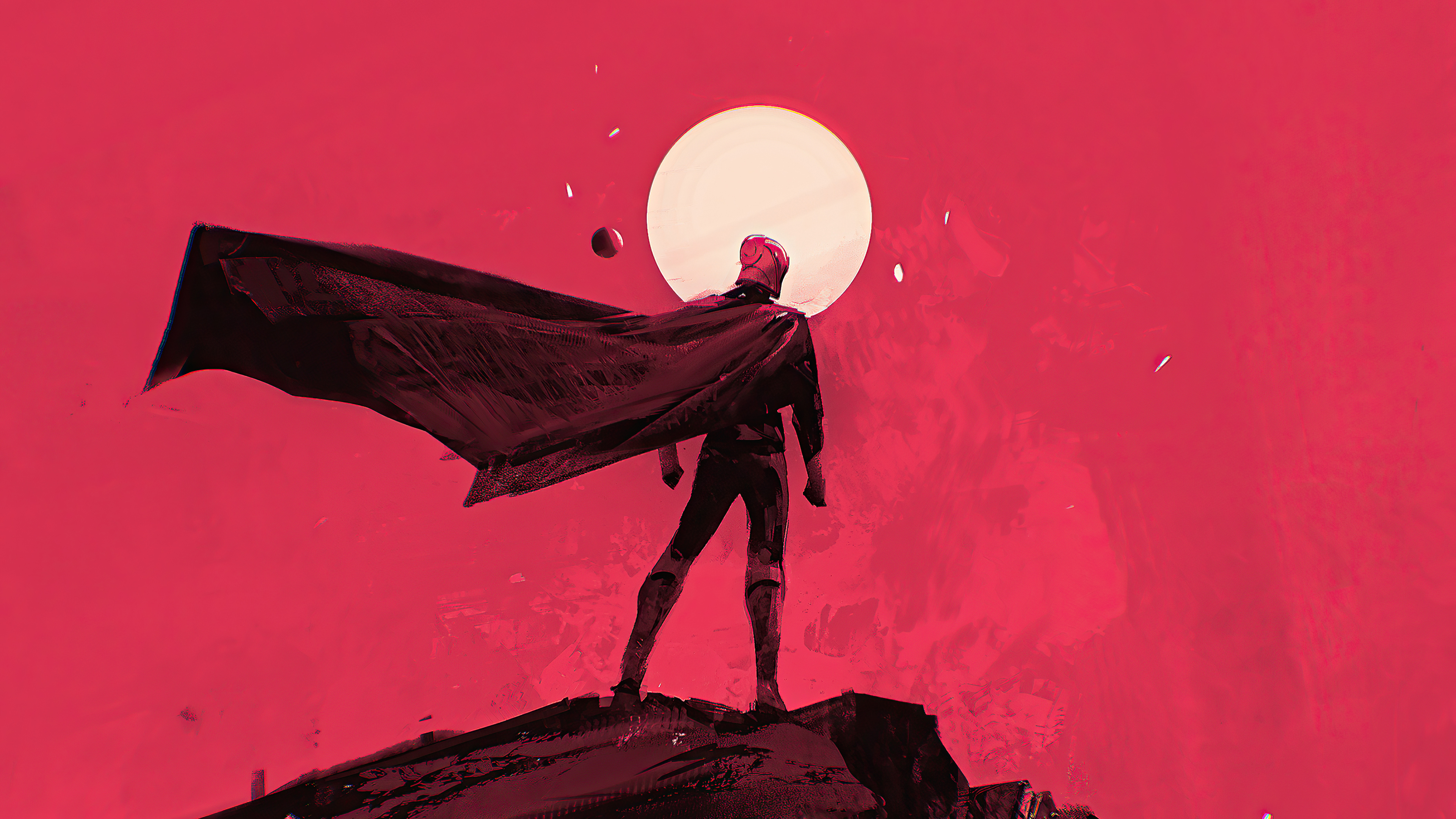 Man in cape standing on rock with large moon behind HD Wallpaper