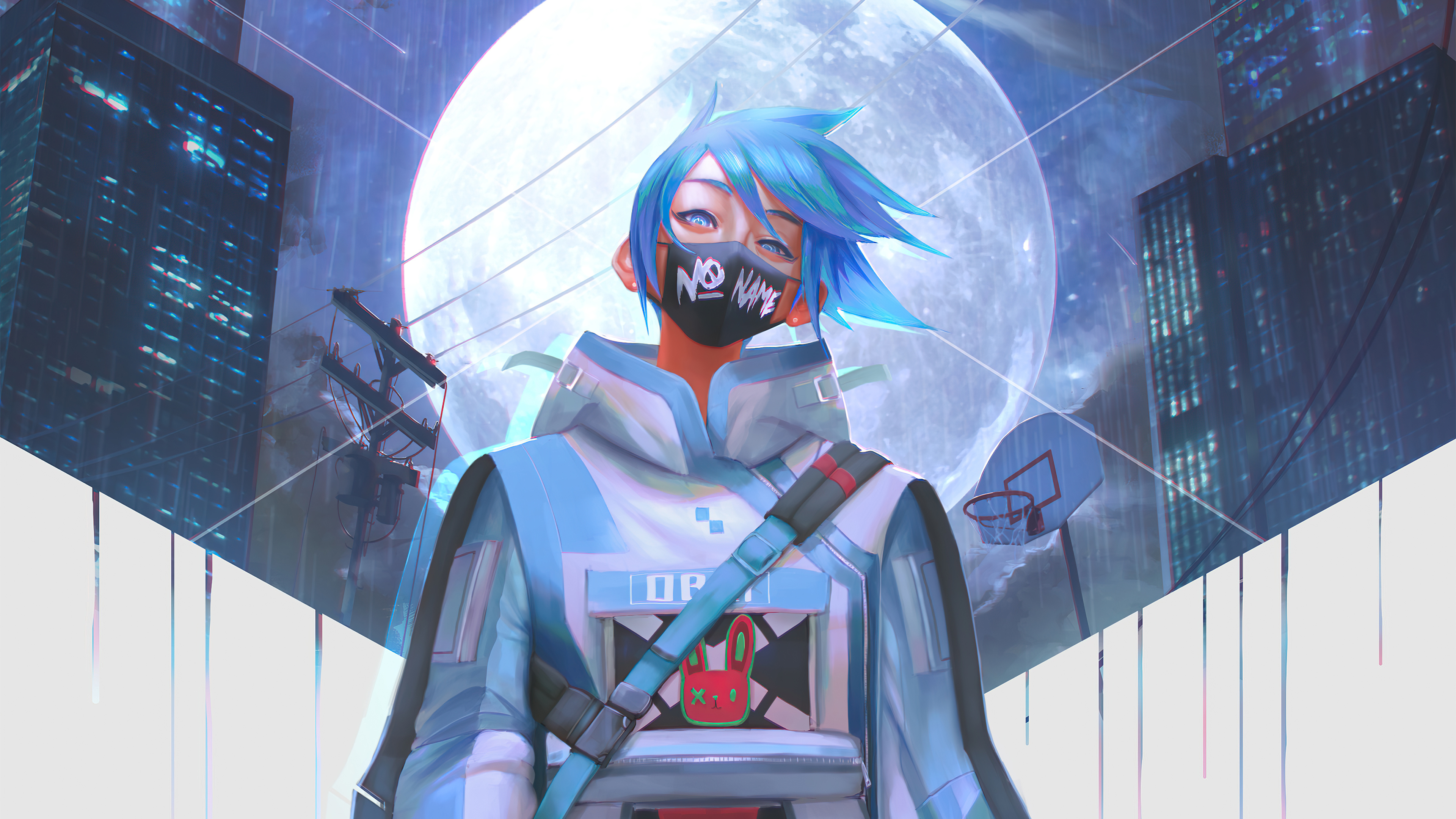 Anime character with blue hair and mask in city at night HD Wallpaper