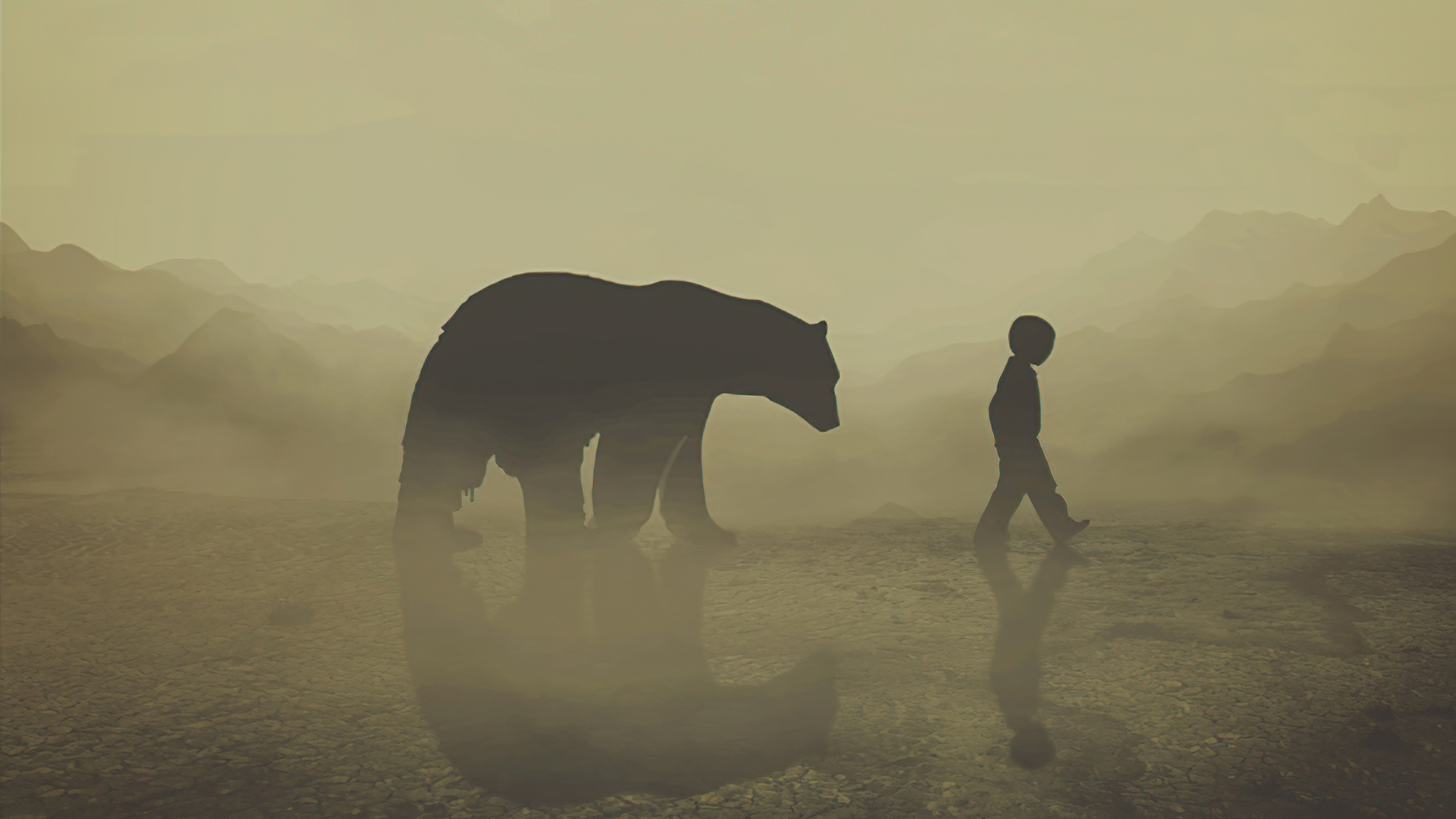 Bear and child walking in misty mountains HD Wallpaper