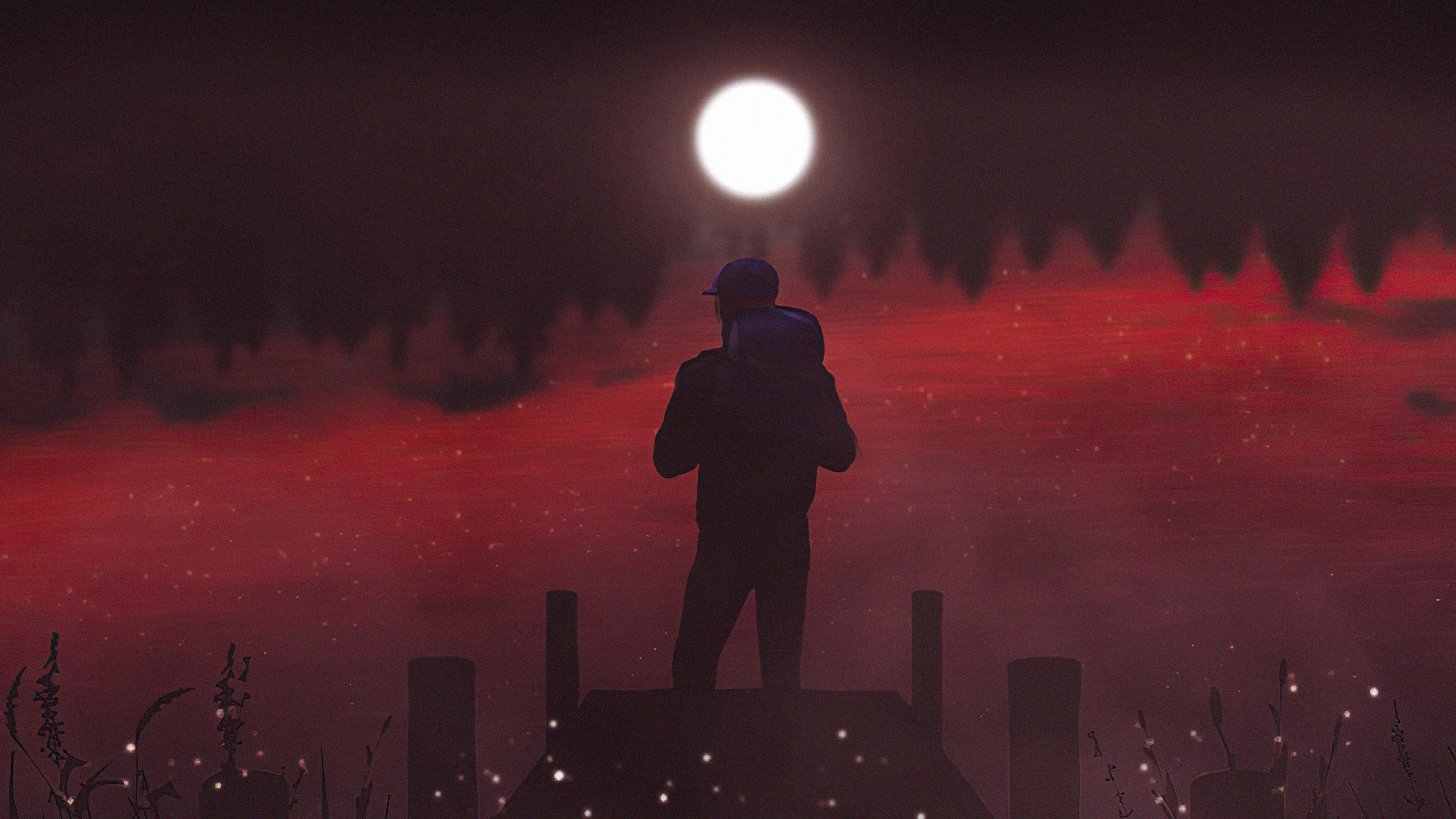 Person with backpack on dock under moon HD Wallpaper