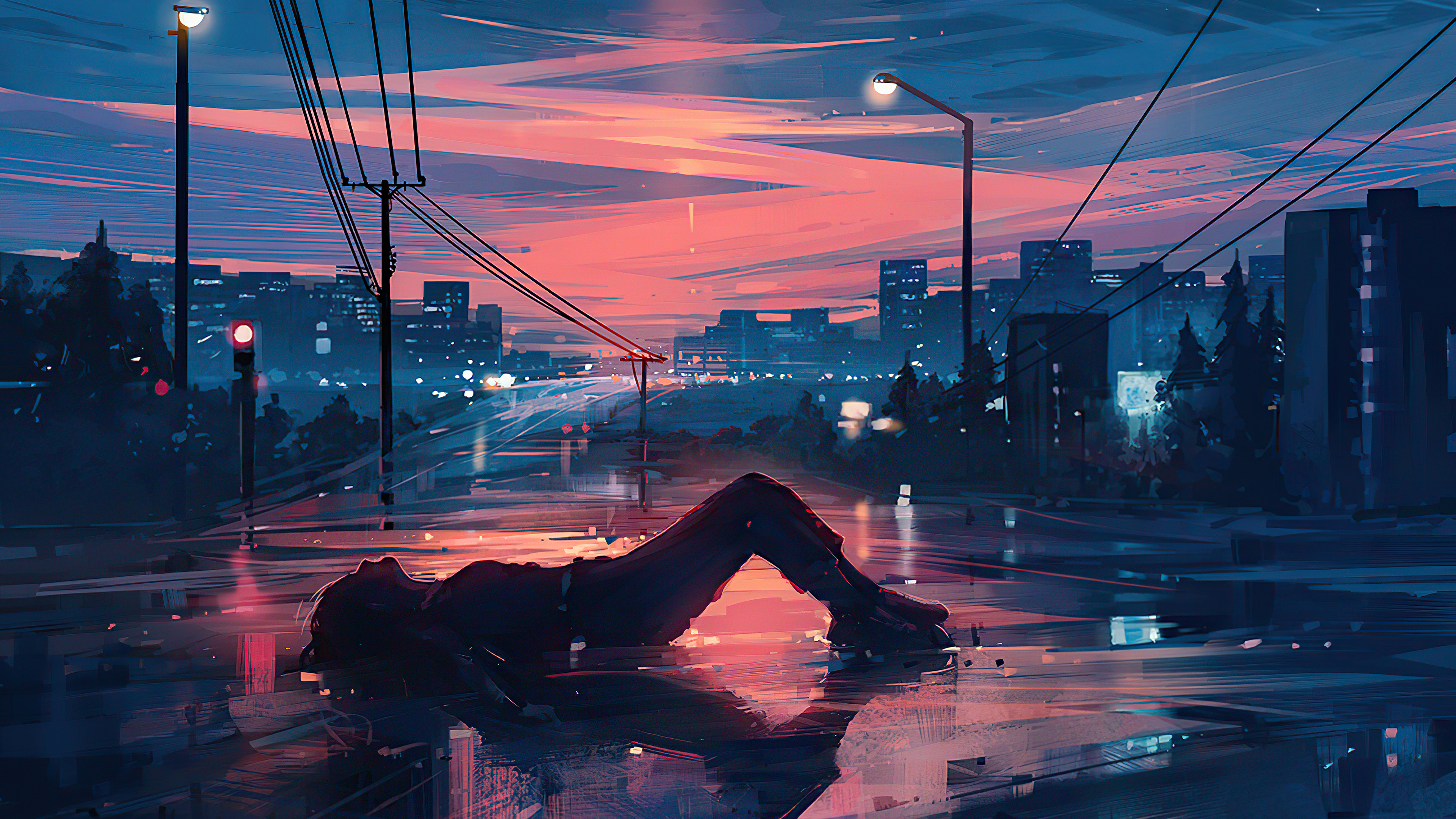 Person lying on wet street at sunset HD Wallpaper