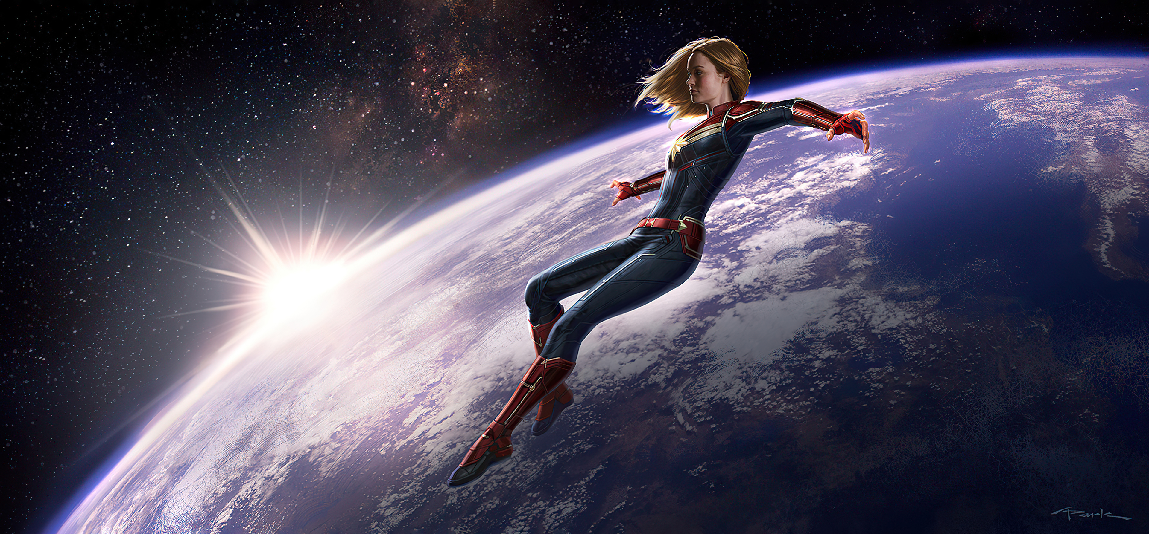 Captain Marvel in Space above Earth HD Wallpaper