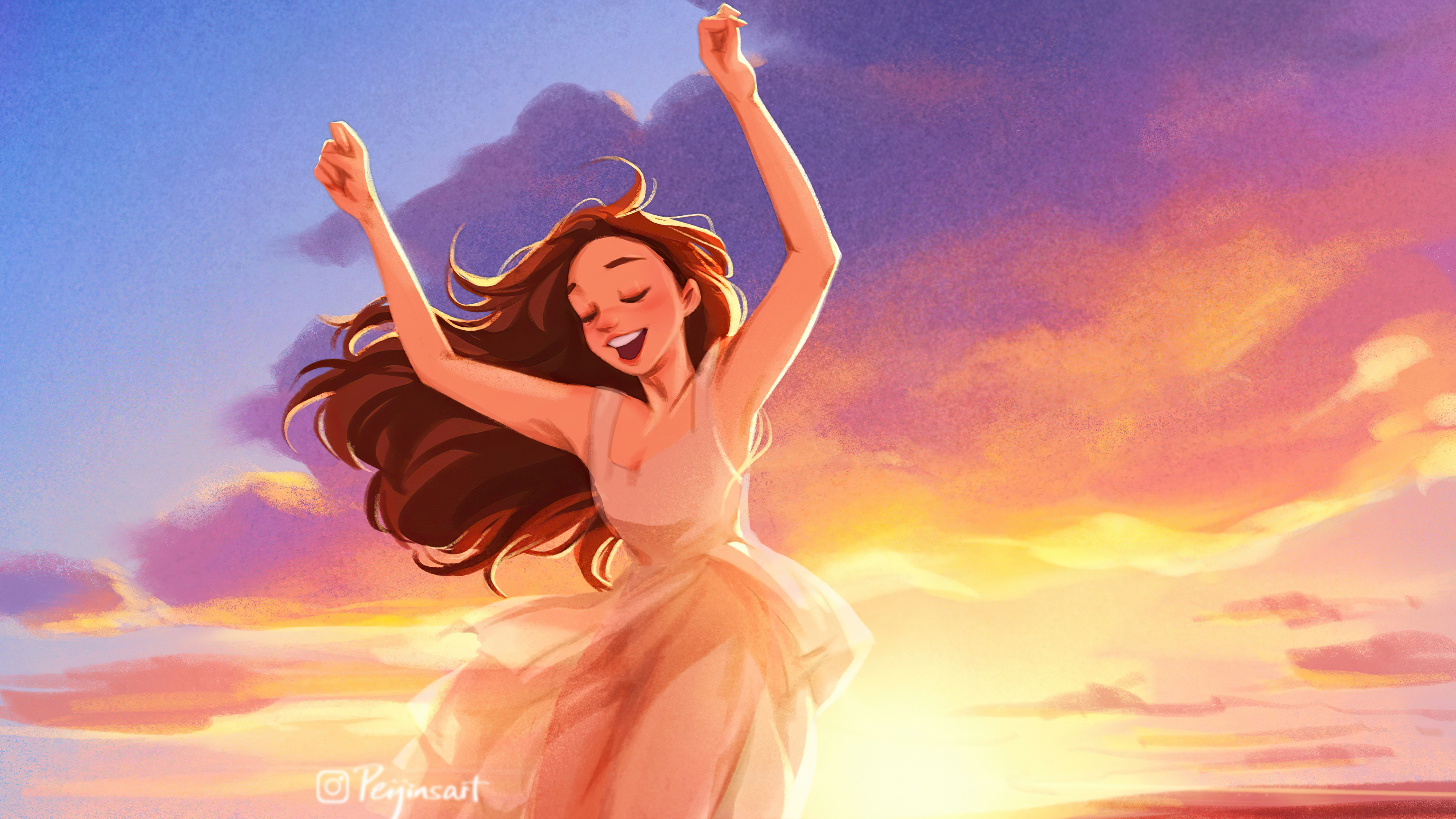 Artwork of a woman dancing at sunset HD Wallpaper