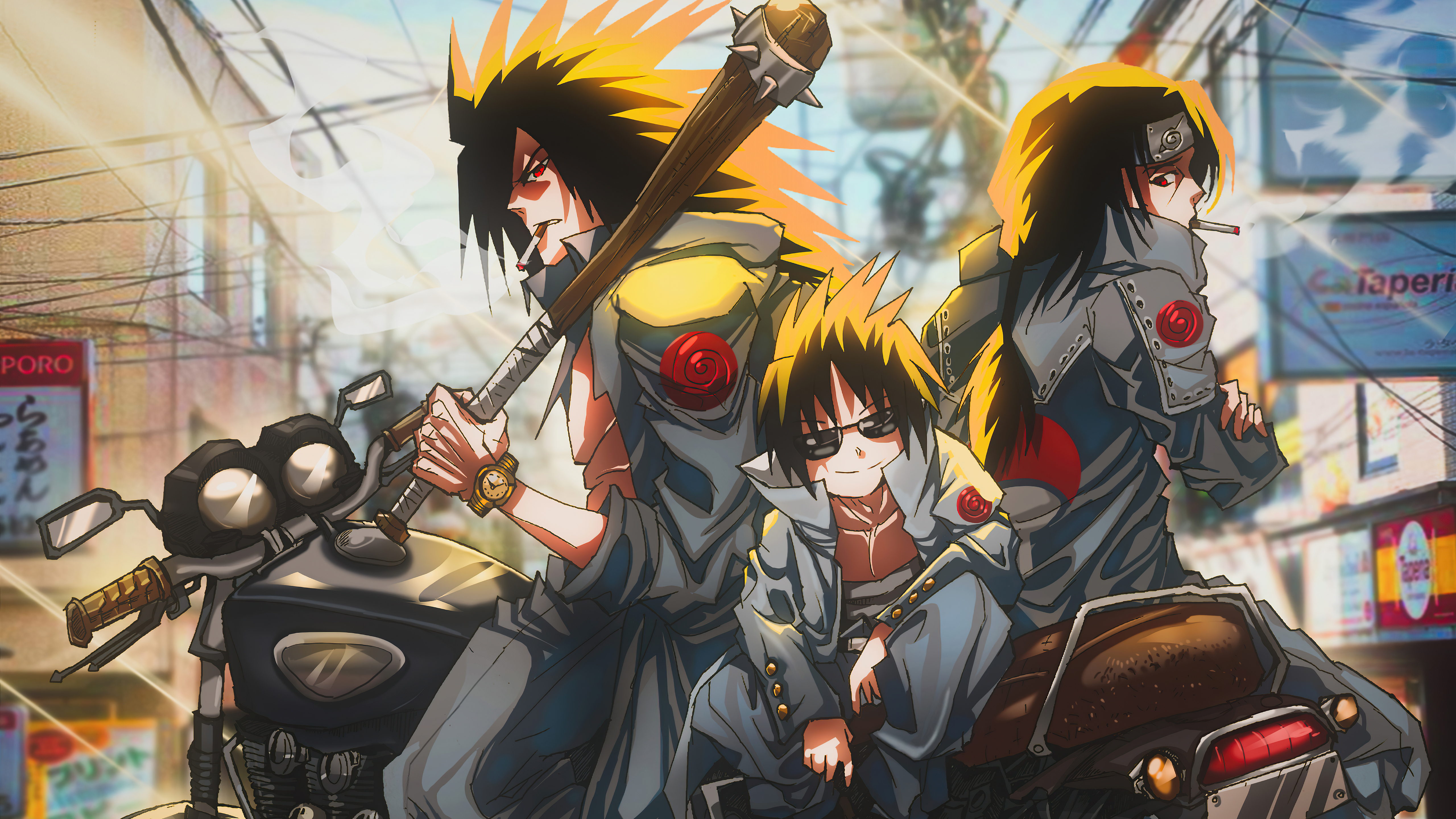 Anime characters with spiked bat and cigarette on motorcycle HD Wallpaper