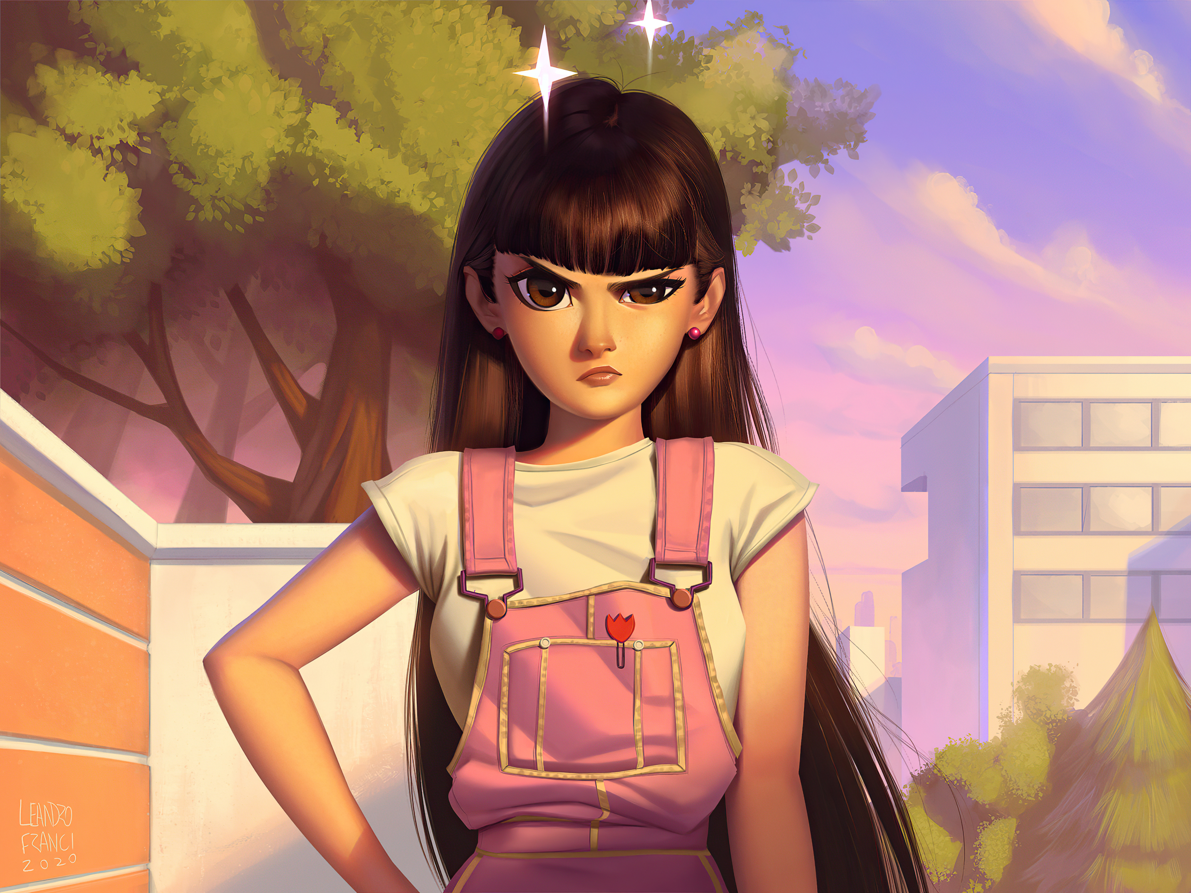 Girl in pink overalls with a stern expression HD Wallpaper