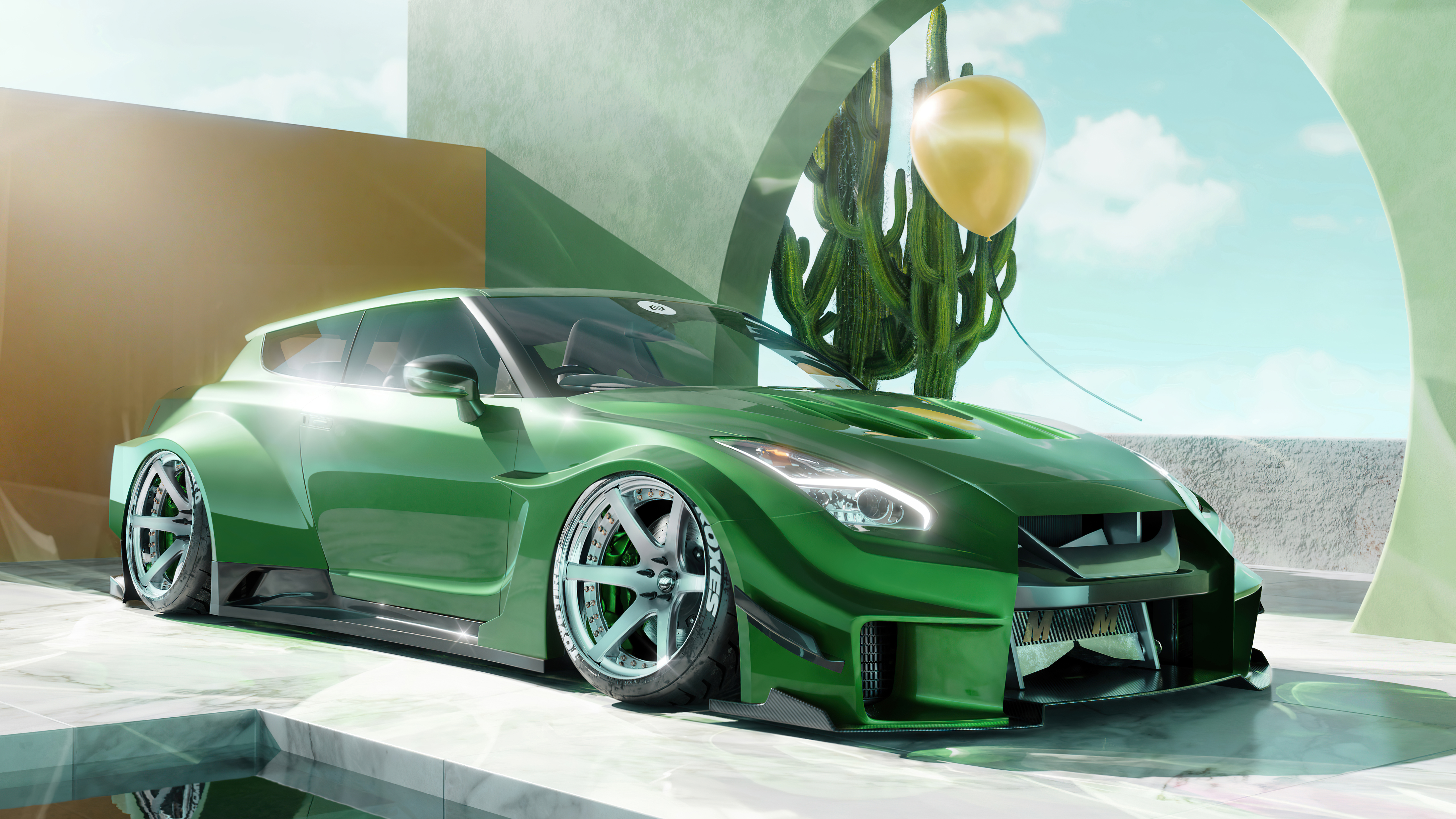 Green Nissan GT-R with Cactus and Balloon HD Wallpaper