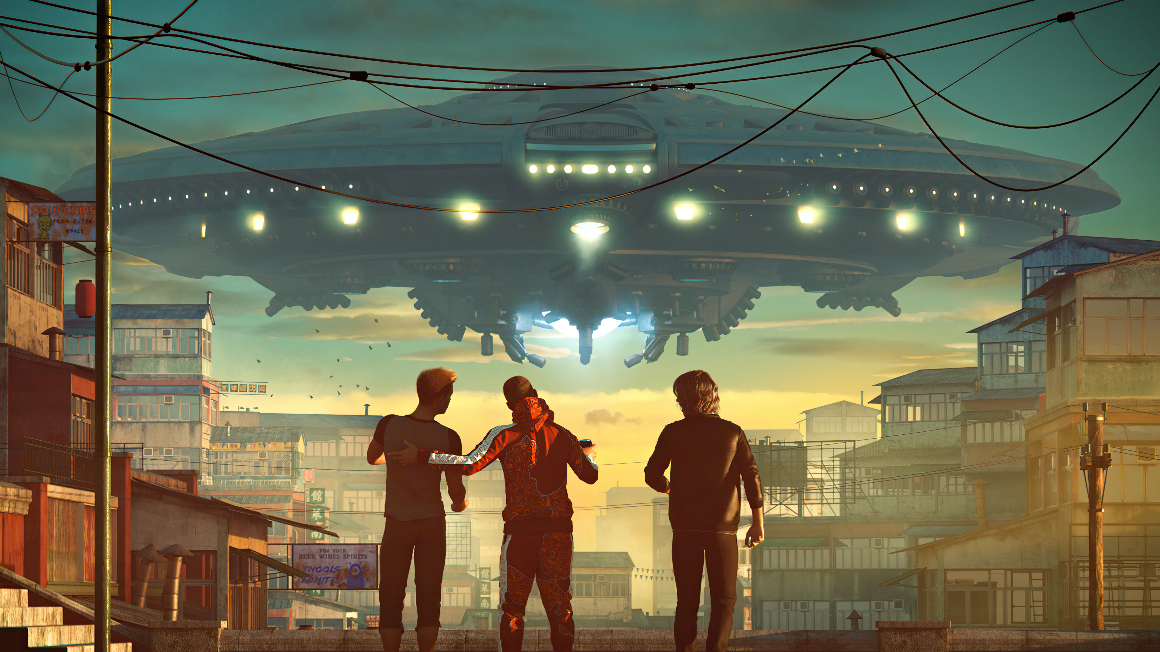 Three people looking at a UFO over a city HD Wallpaper