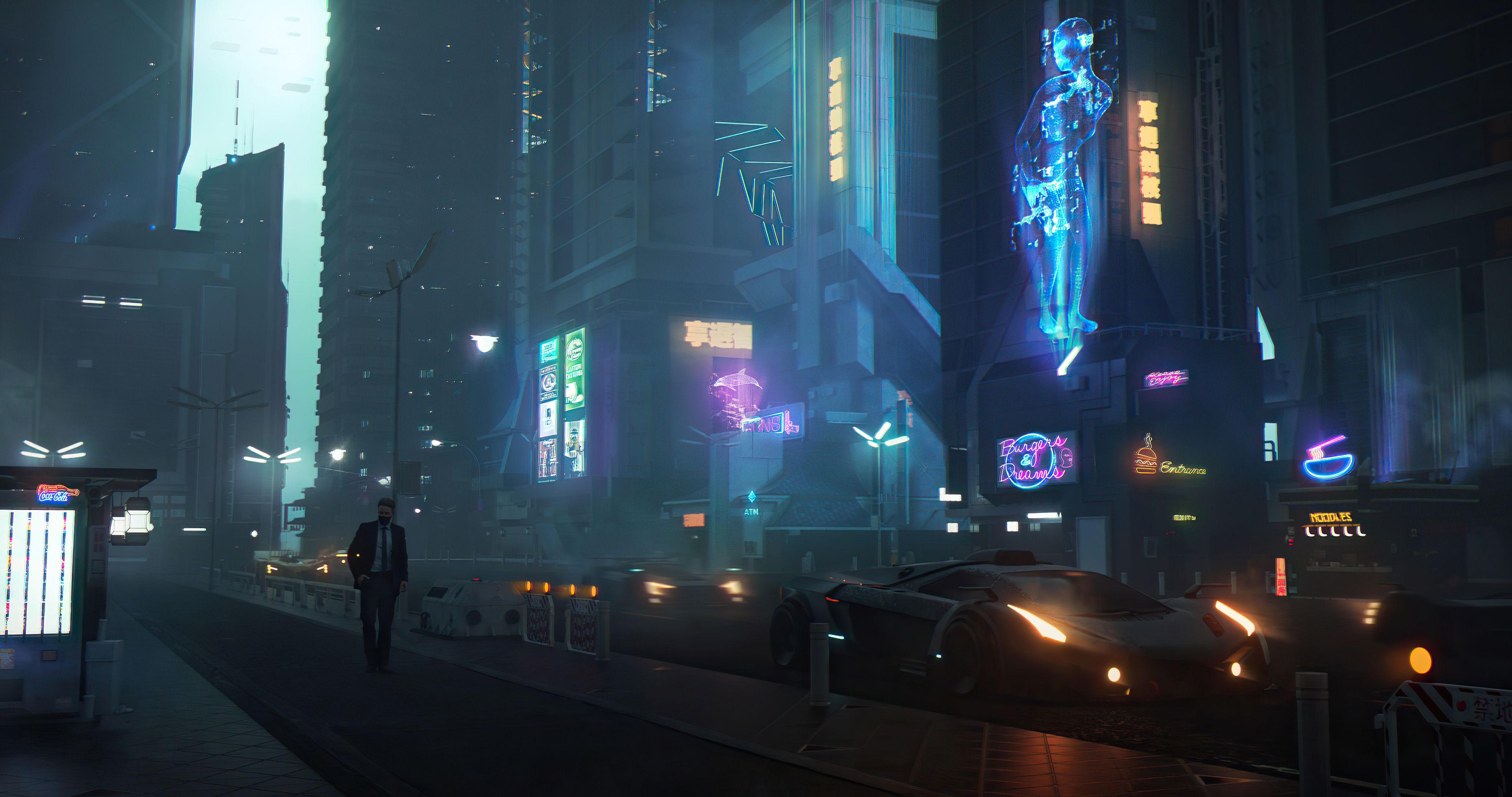 Cyberpunk city street with holographic advertisement HD Wallpaper