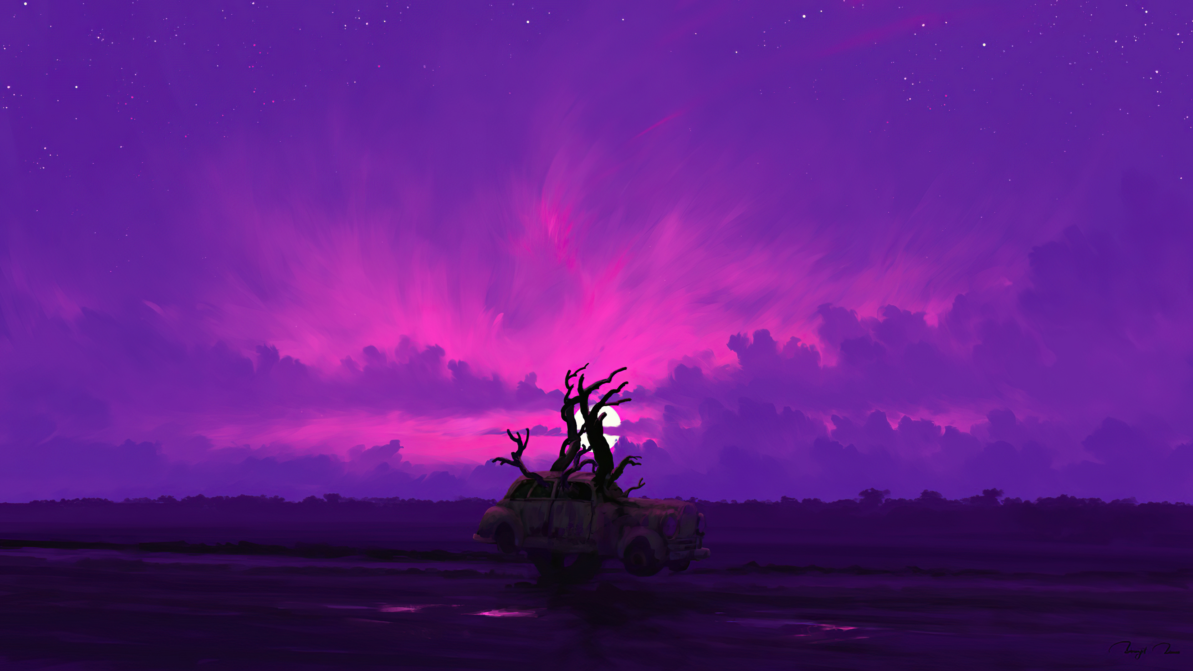 Abandoned car with tree growing through it under a purple sky HD Wallpaper