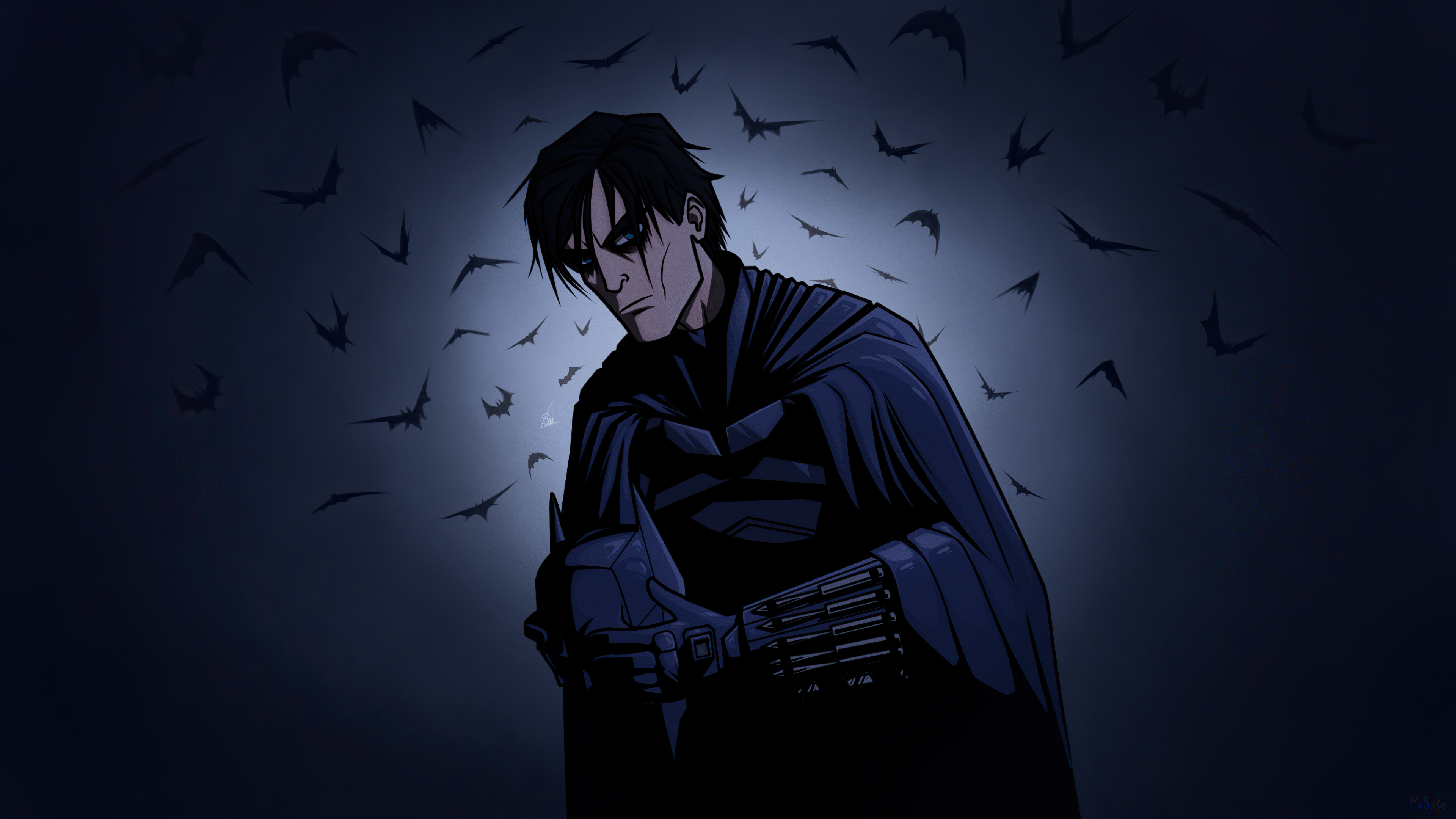 Batman holding his cowl with bats flying around HD Wallpaper