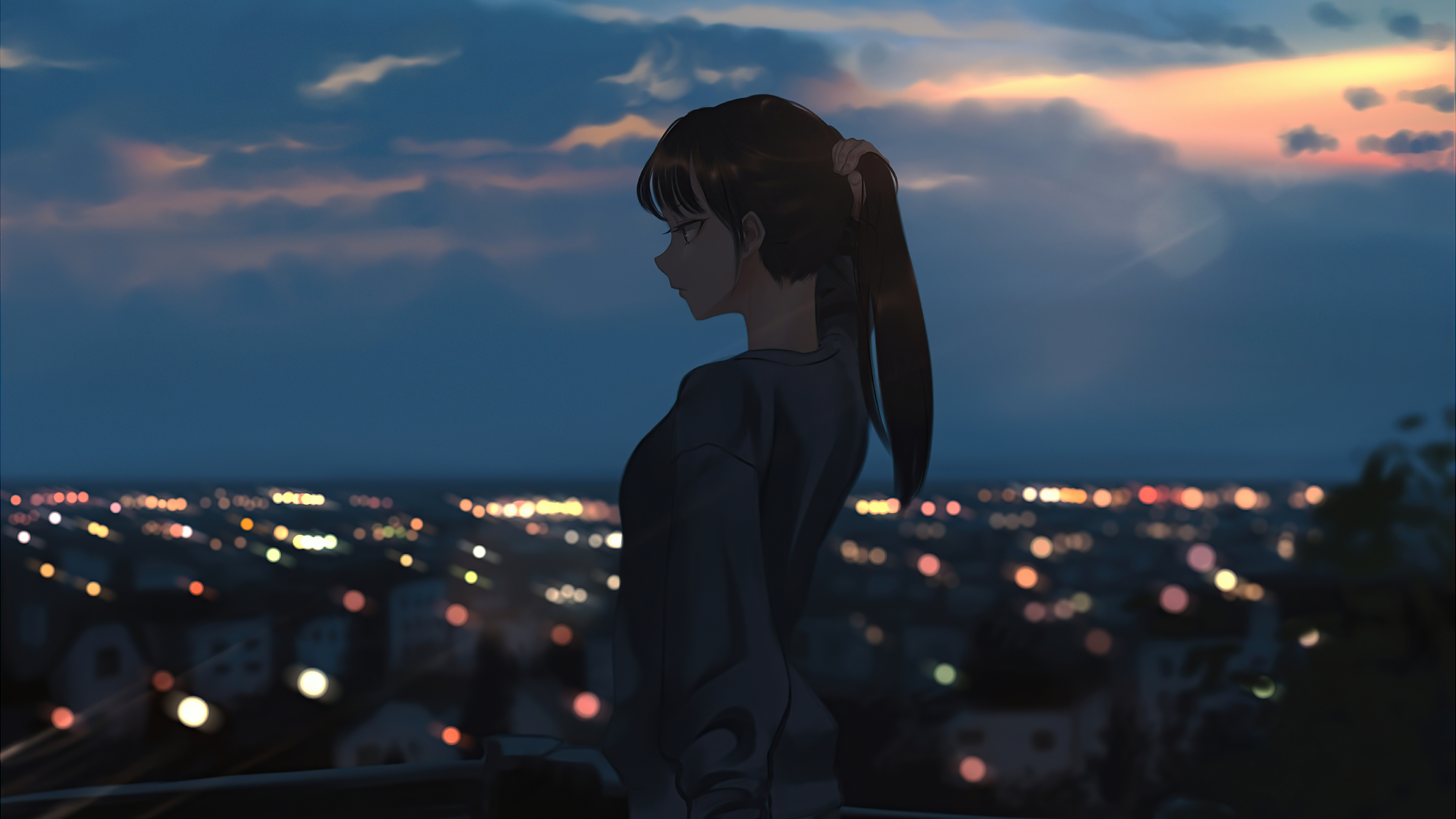 Anime girl looking at city lights at dusk HD Wallpaper