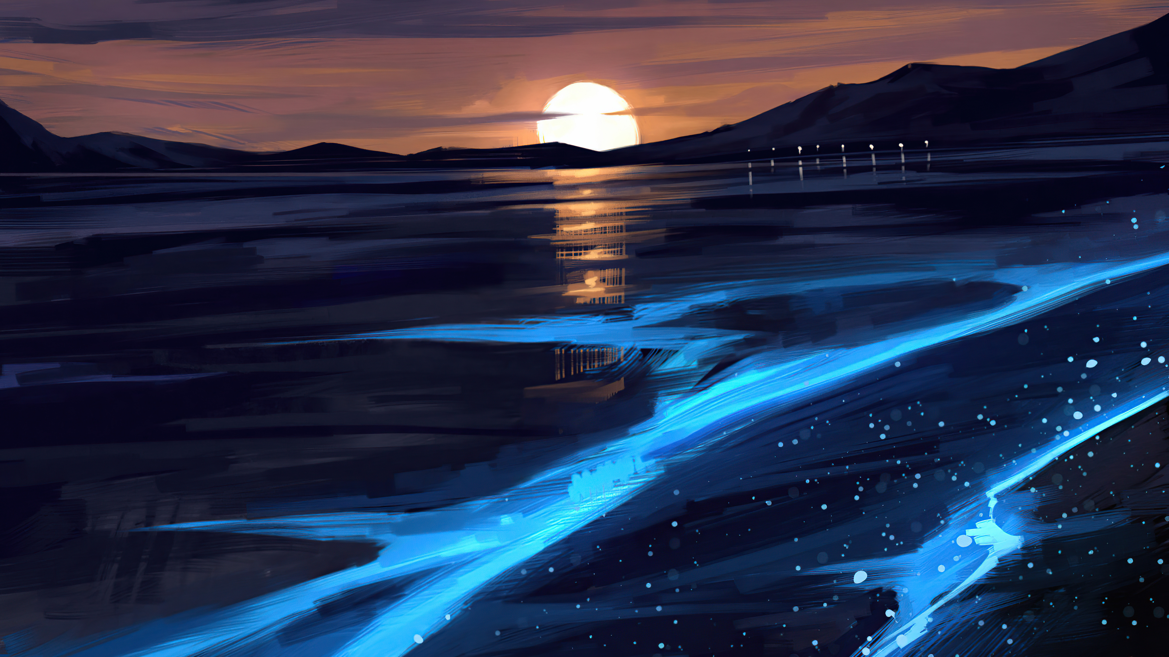Digital art of a sunset over a lake HD Wallpaper