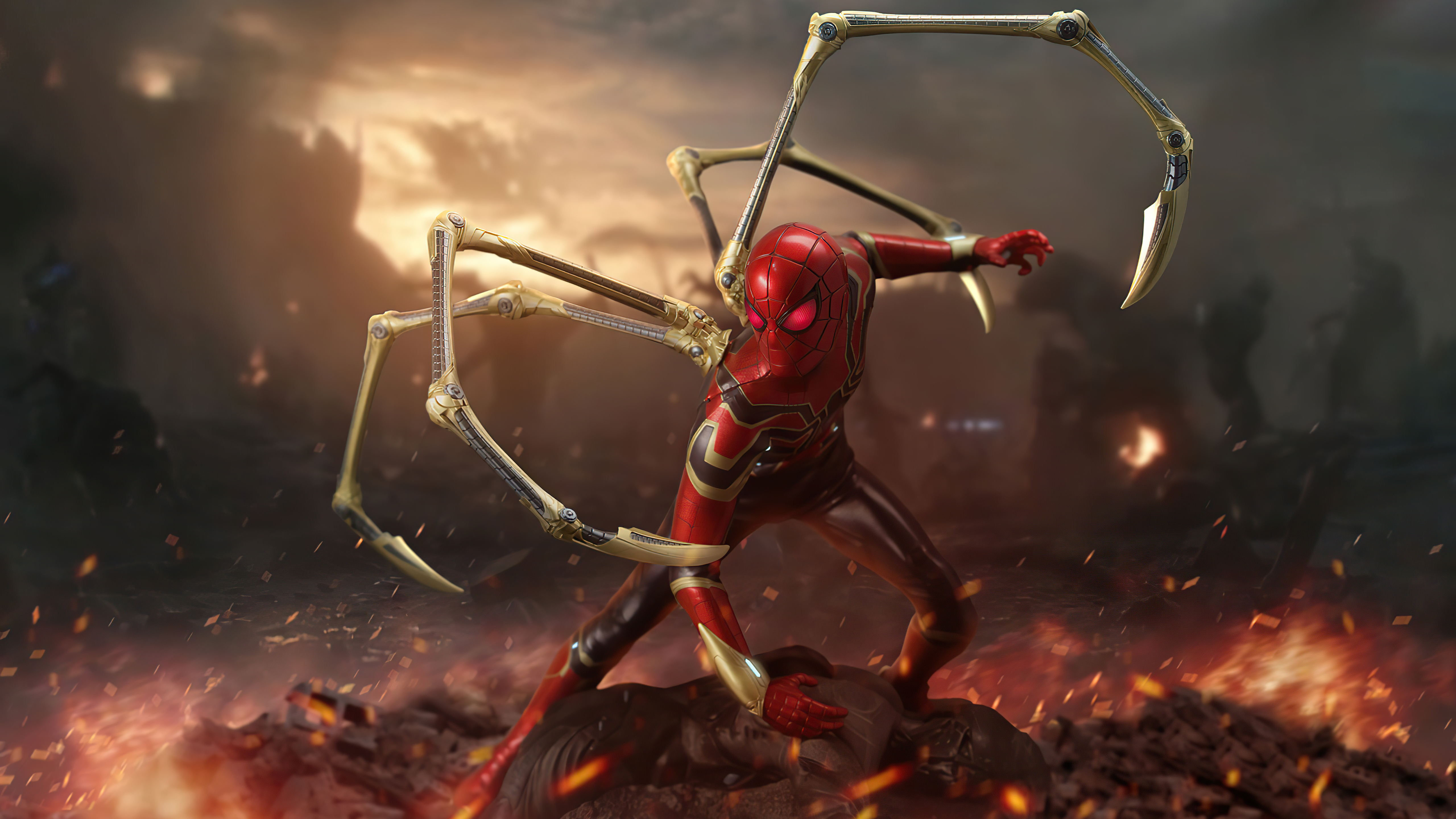 Spider-Man in Iron Spider suit with mechanical arms HD Wallpaper