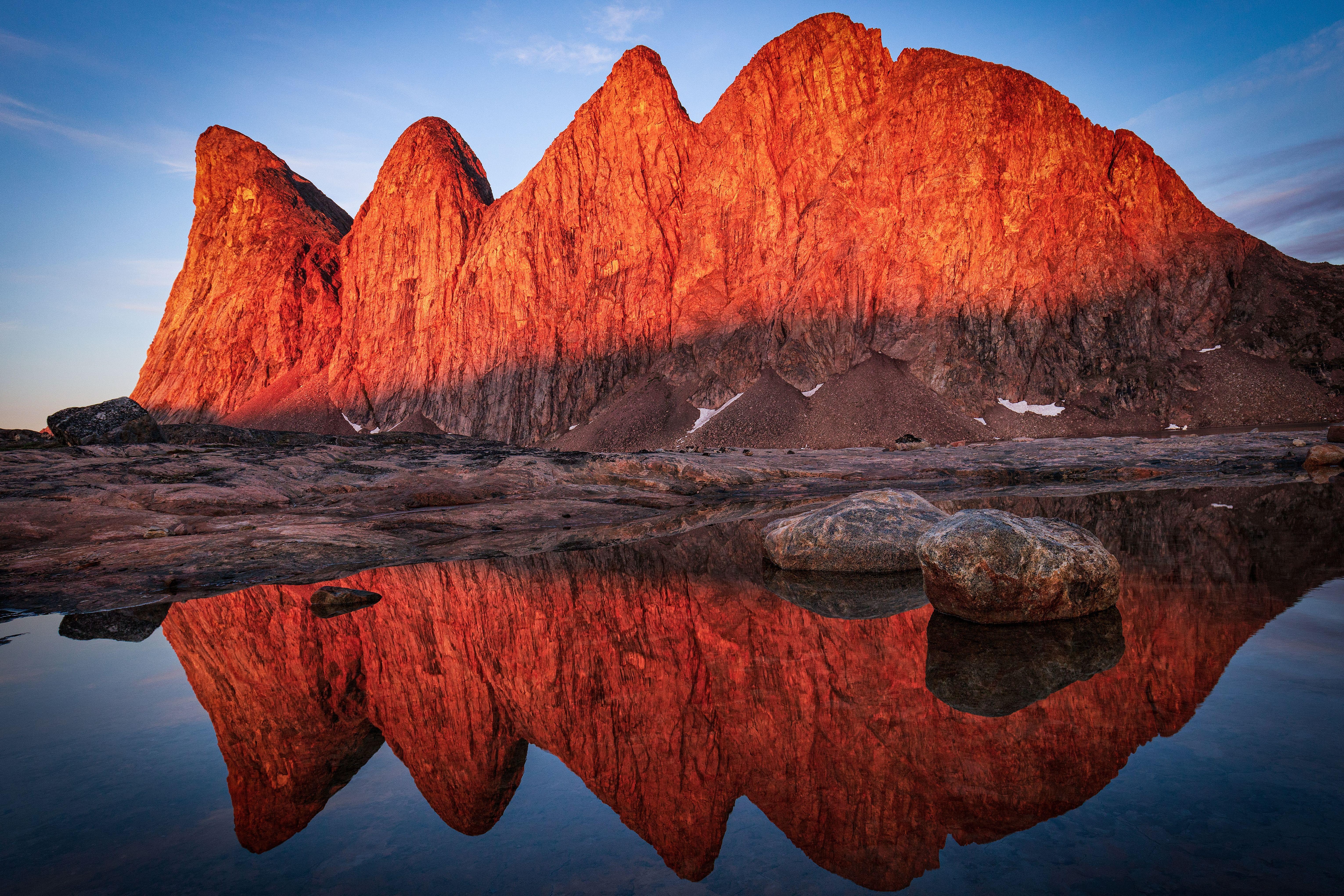 Red Mountains Reflecting in Water at Sunset HD Wallpaper
