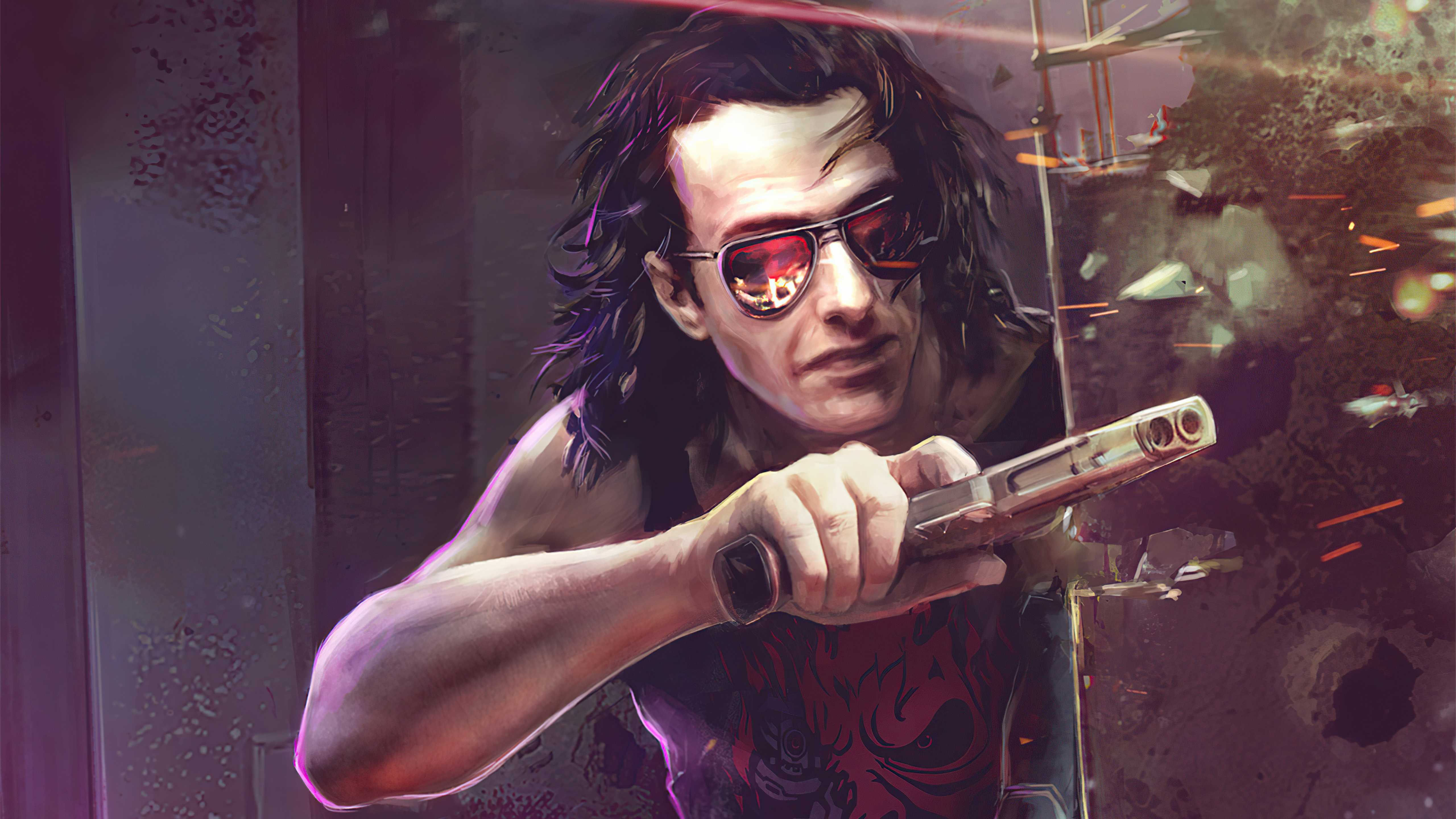 Man with sunglasses holding a gun in Cyberpunk 2077 HD Wallpaper