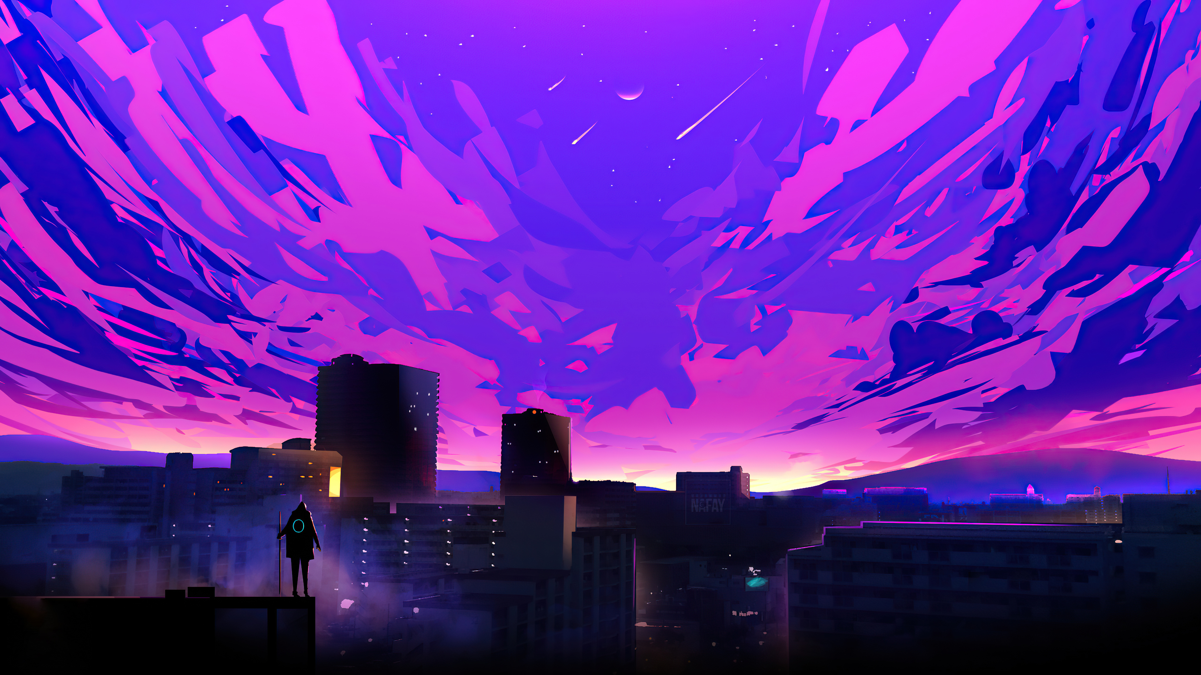 Digital art of a lone figure overlooking a city at sunset HD Wallpaper