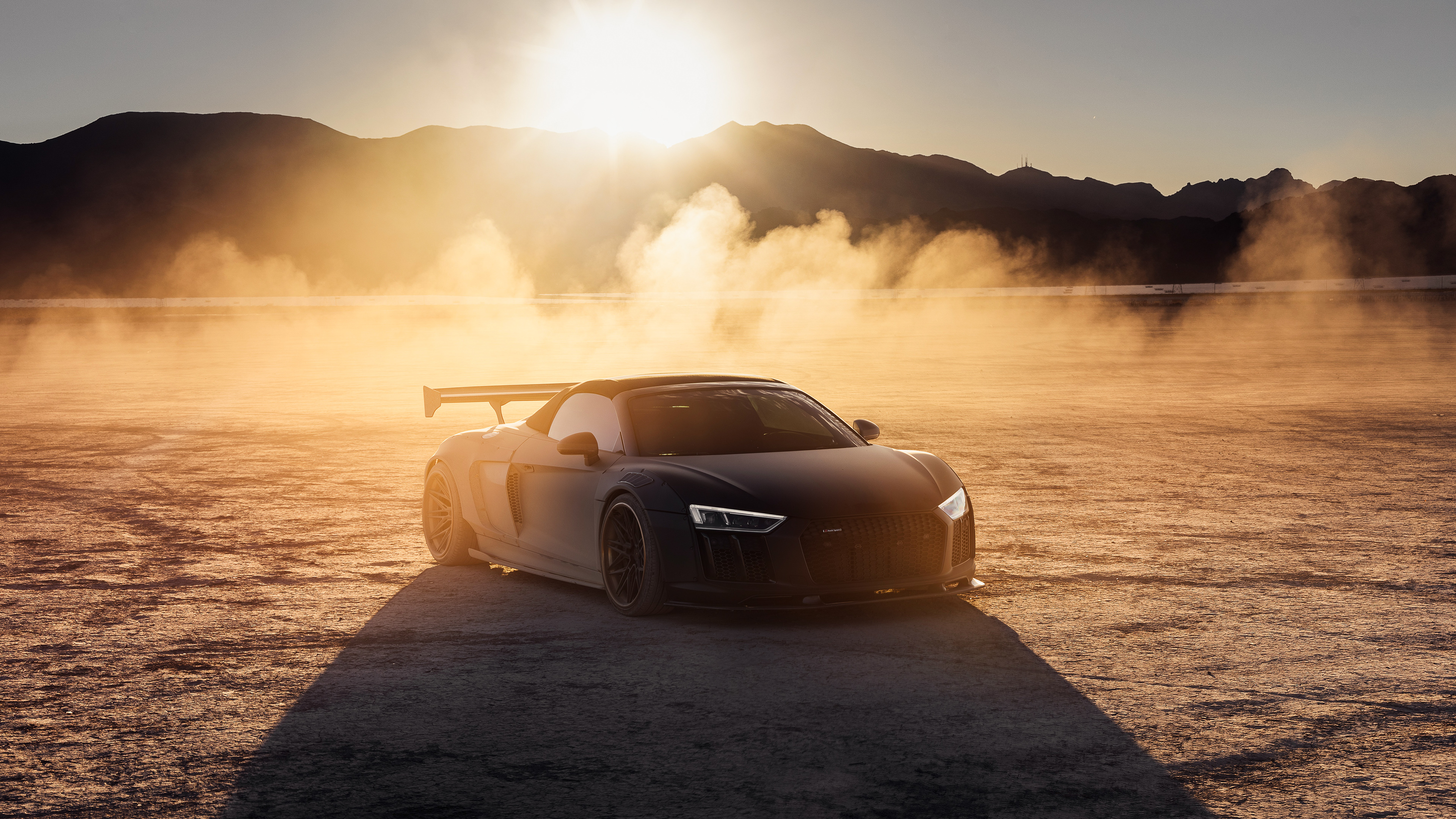 Black Audi R8 Sports Car in Desert at Sunset HD Wallpaper