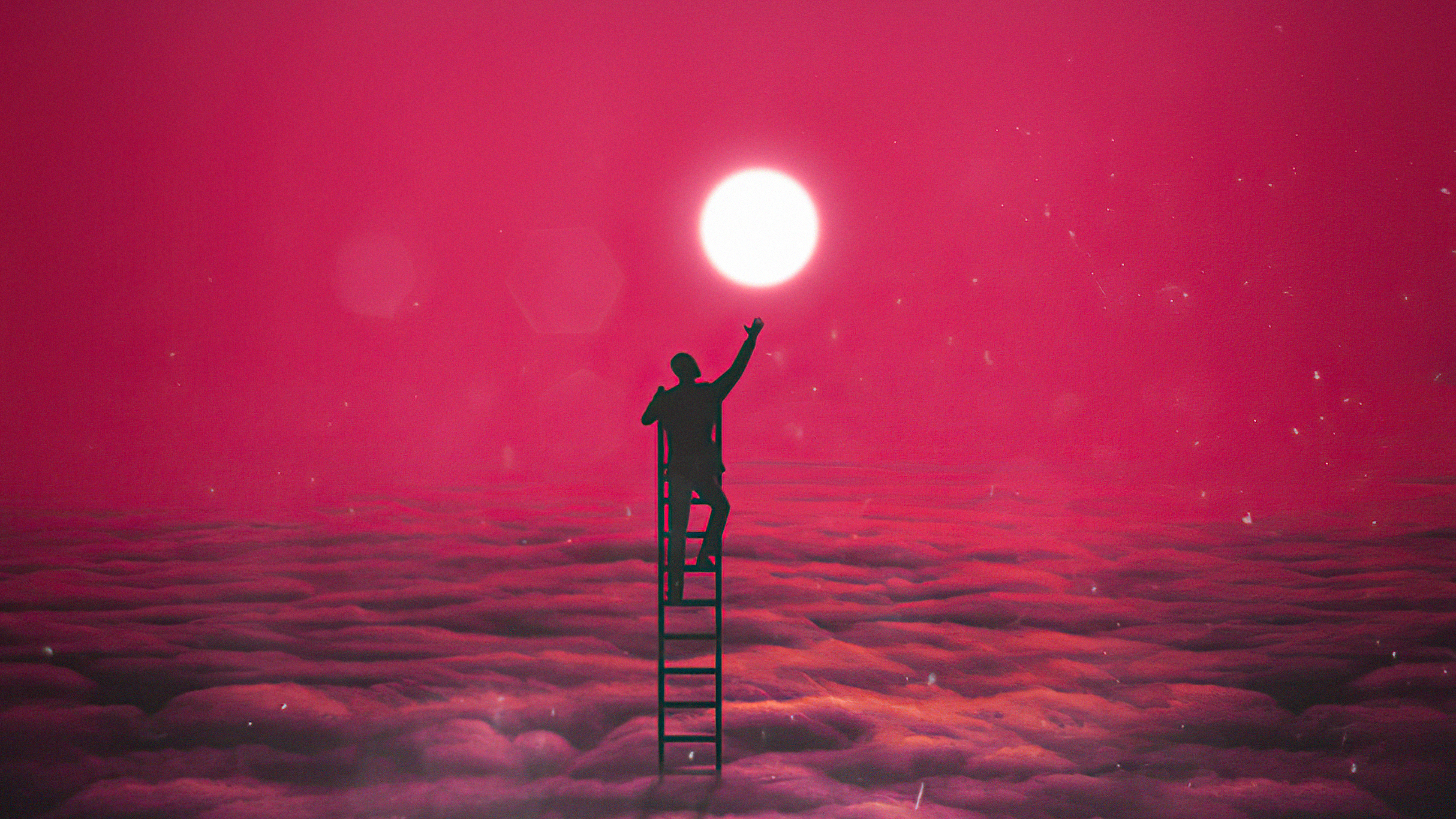 Silhouette of a person on a ladder reaching for the moon HD Wallpaper
