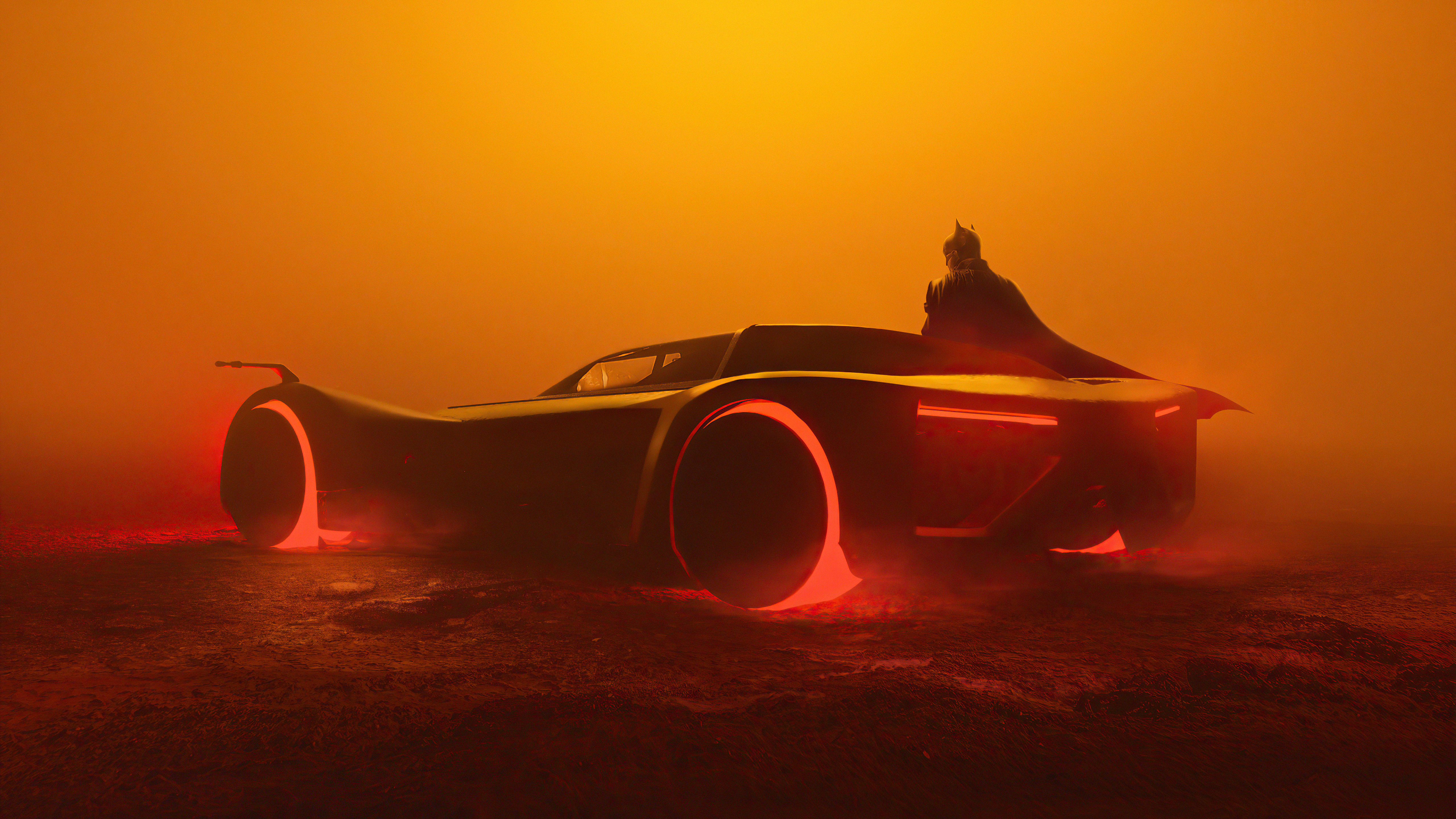 Batman and Batmobile in orange fog HD Wallpaper