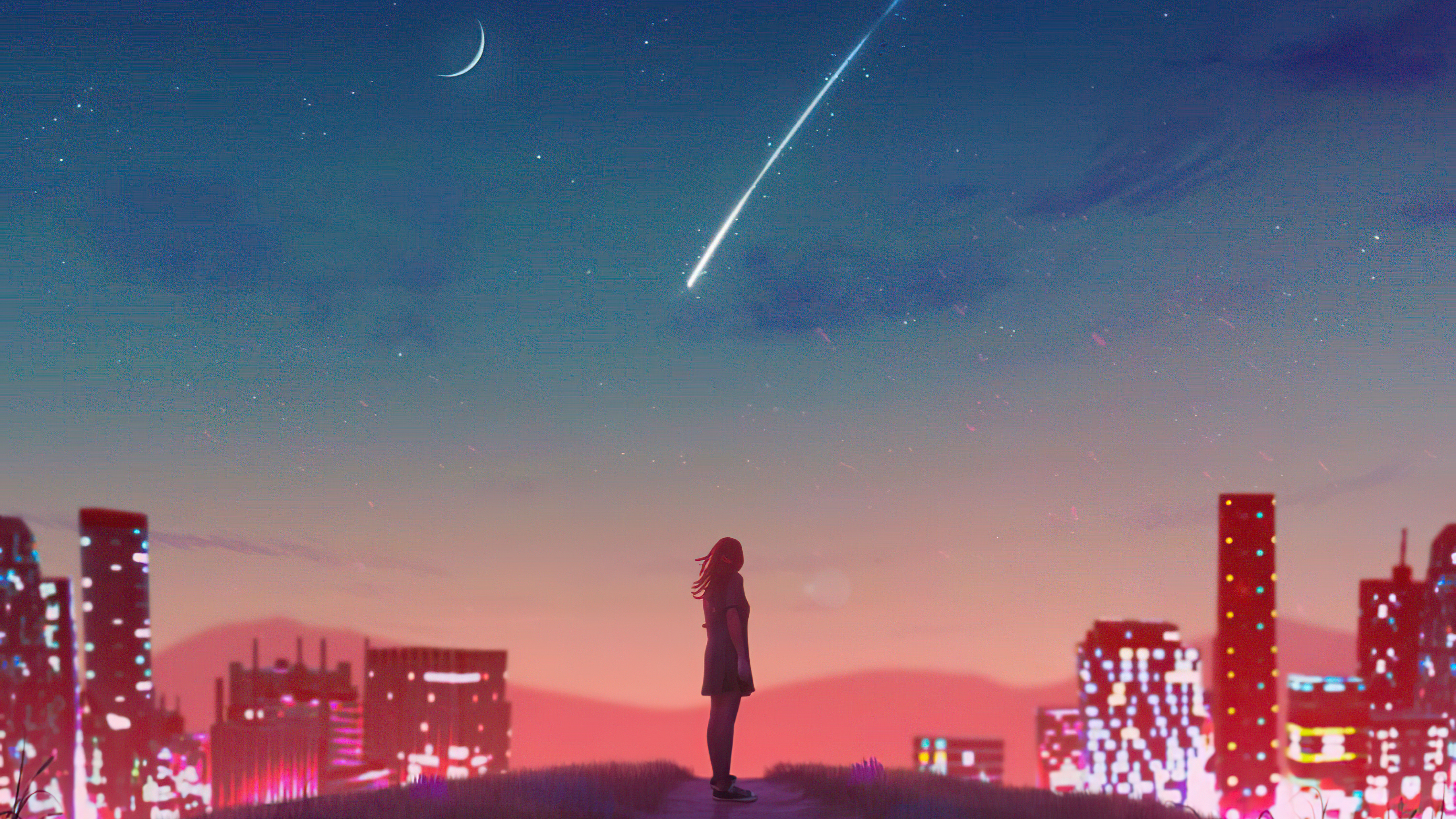 Girl watching shooting star over city skyline HD Wallpaper