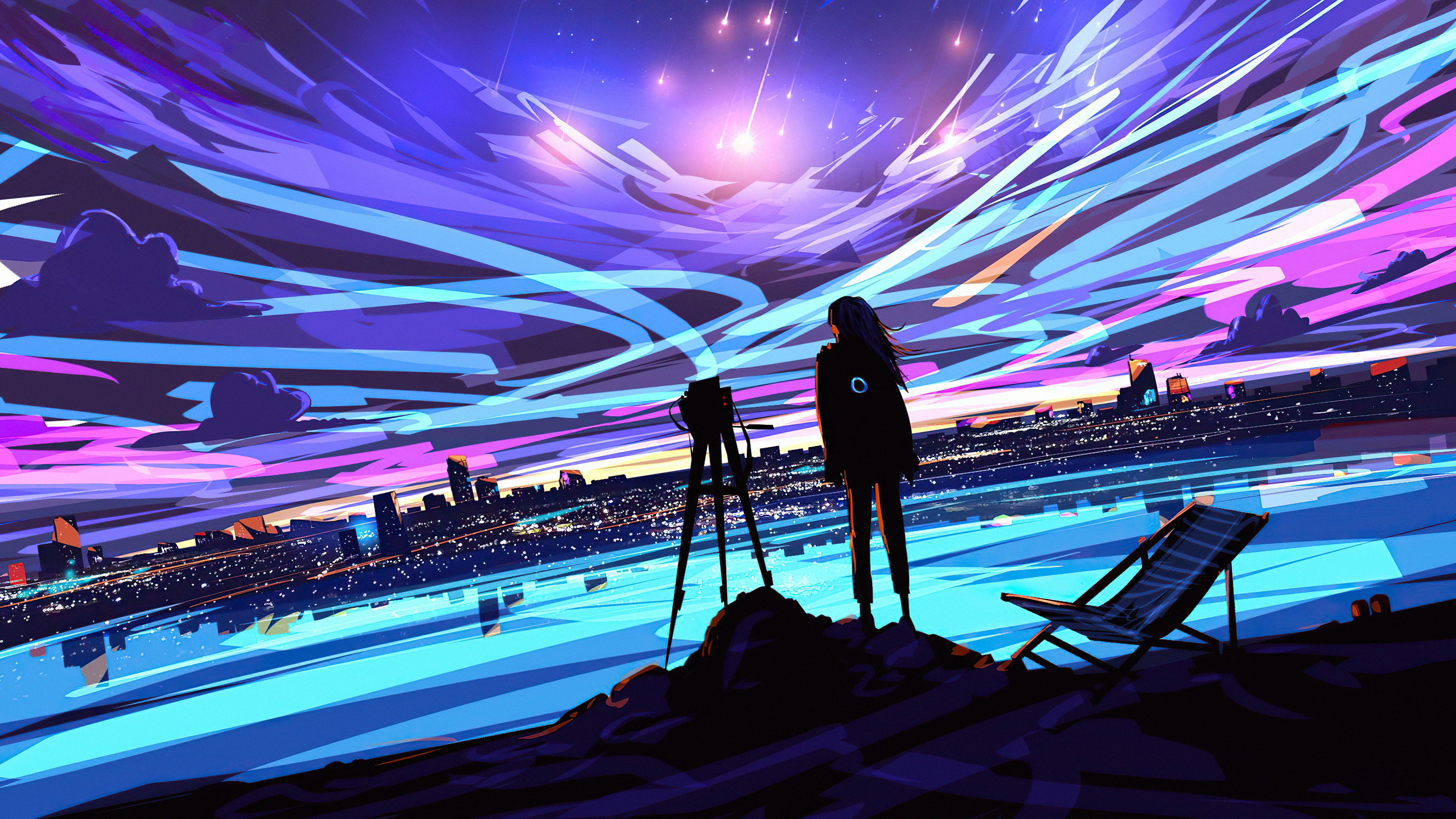 Digital Art of a Cityscape Under a Meteor Shower HD Wallpaper
