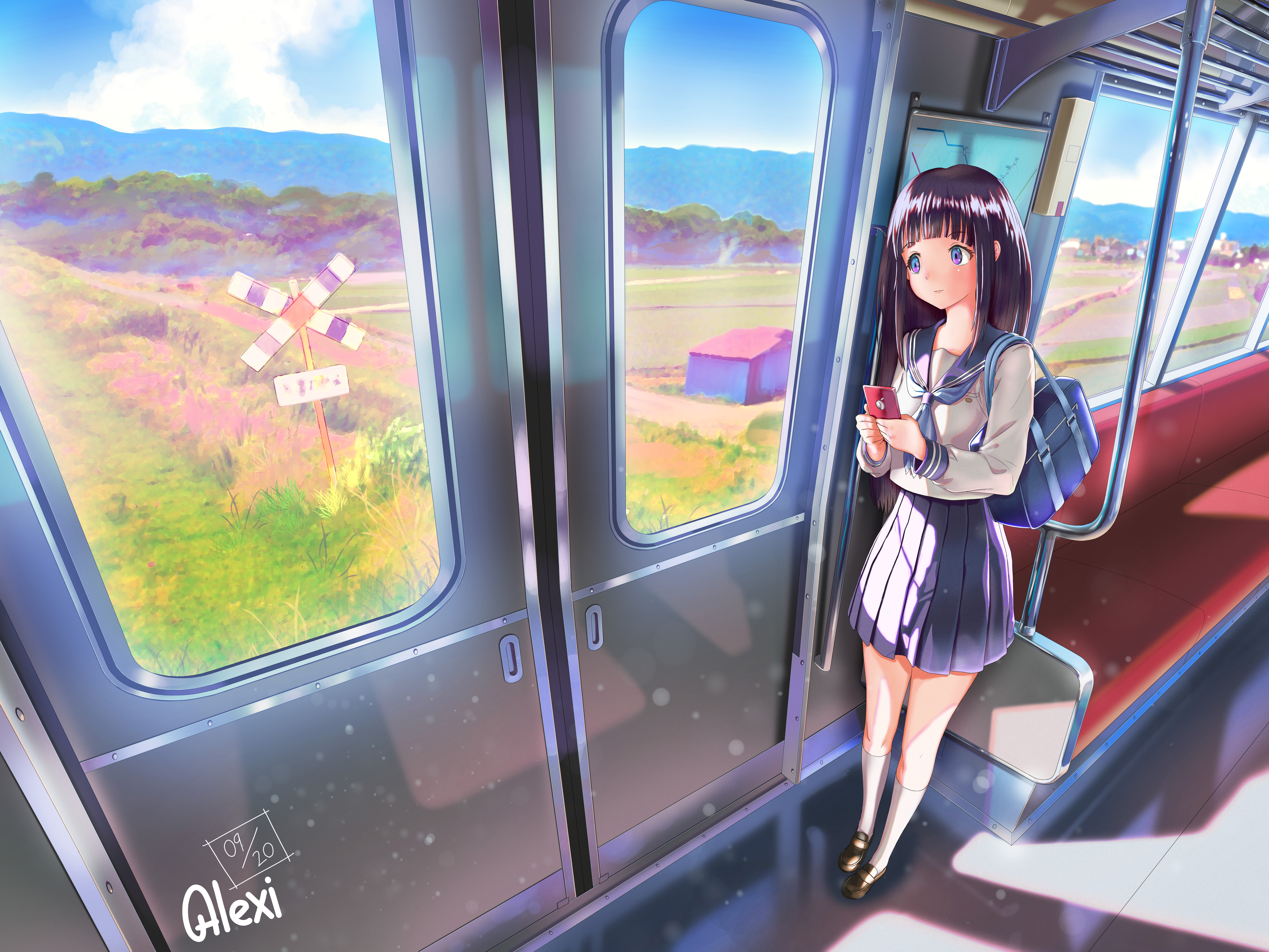 Anime girl on a train looking out the window HD Wallpaper