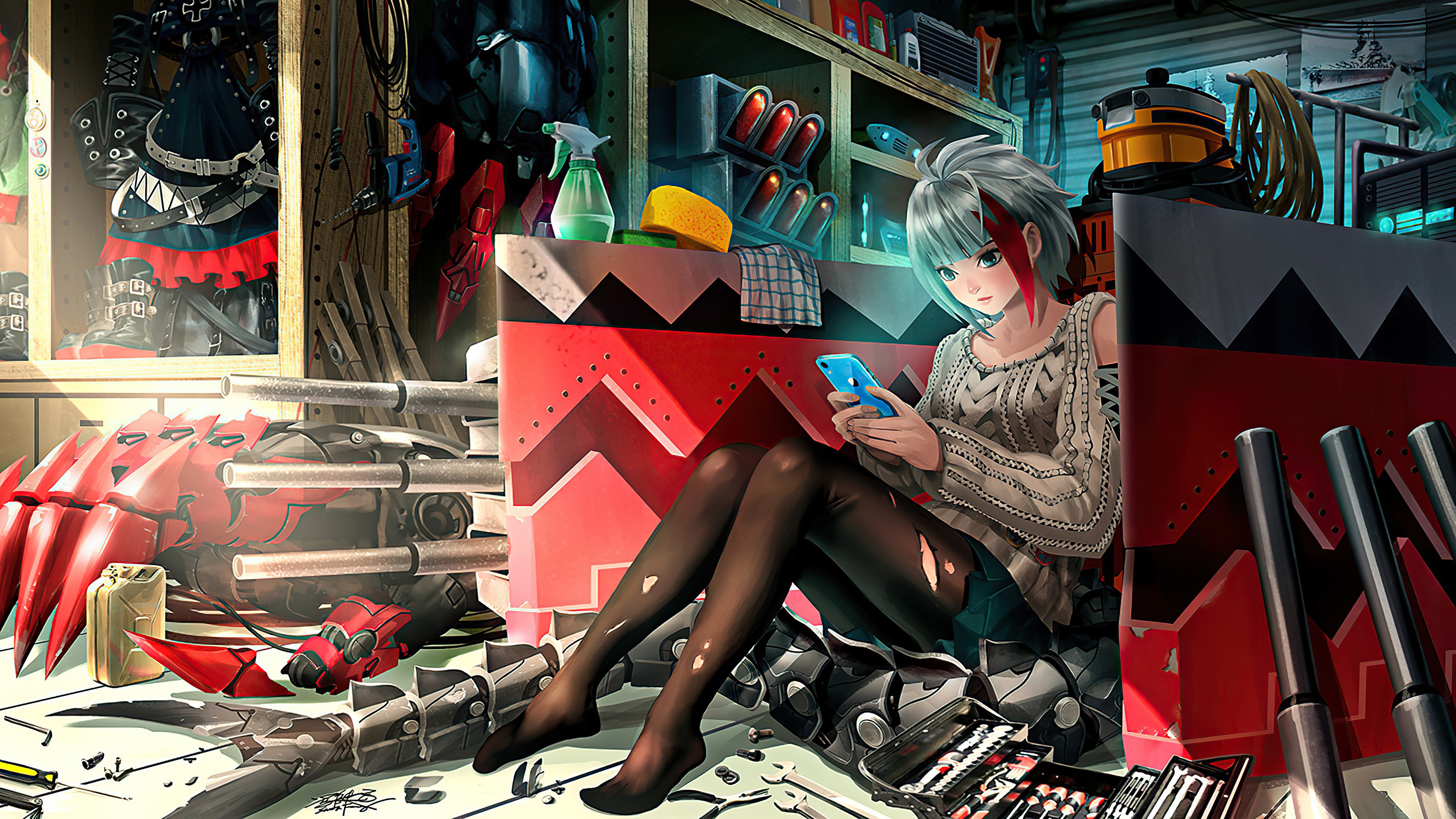 Anime girl with blue phone in workshop with mecha parts HD Wallpaper