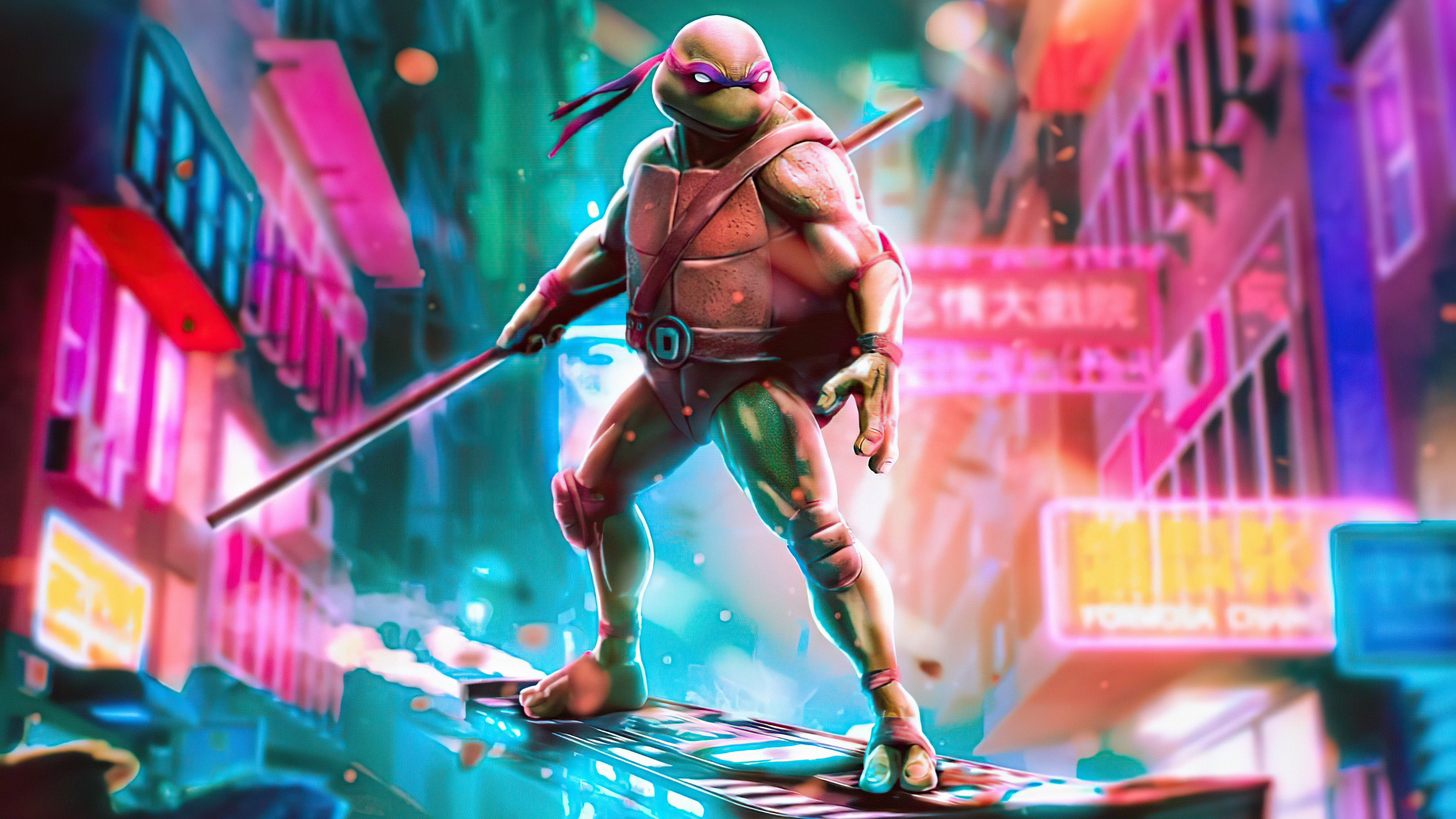 Donatello from Teenage Mutant Ninja Turtles in Cyberpunk City HD Wallpaper
