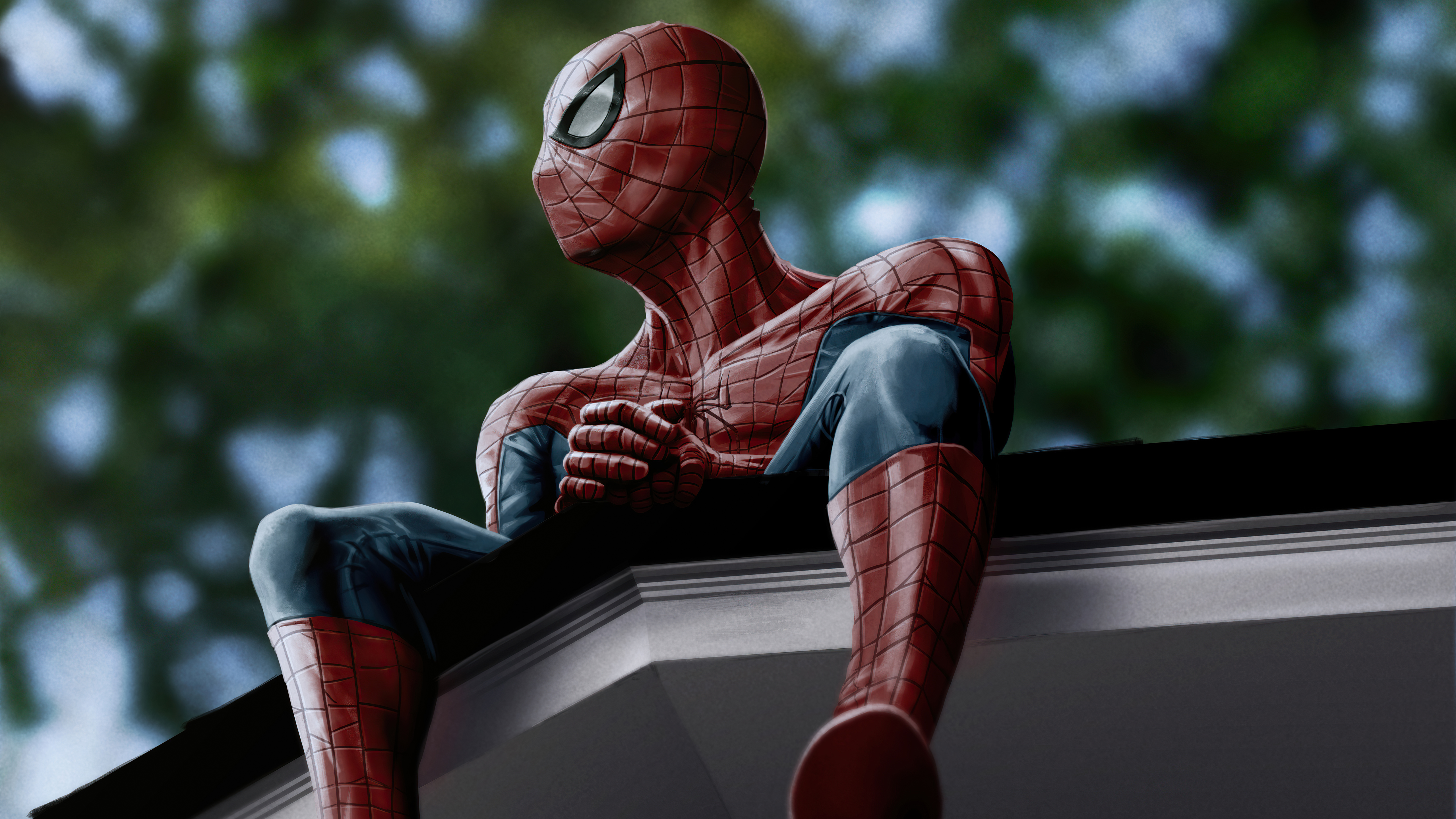 Spider-Man sitting on a roof HD Wallpaper
