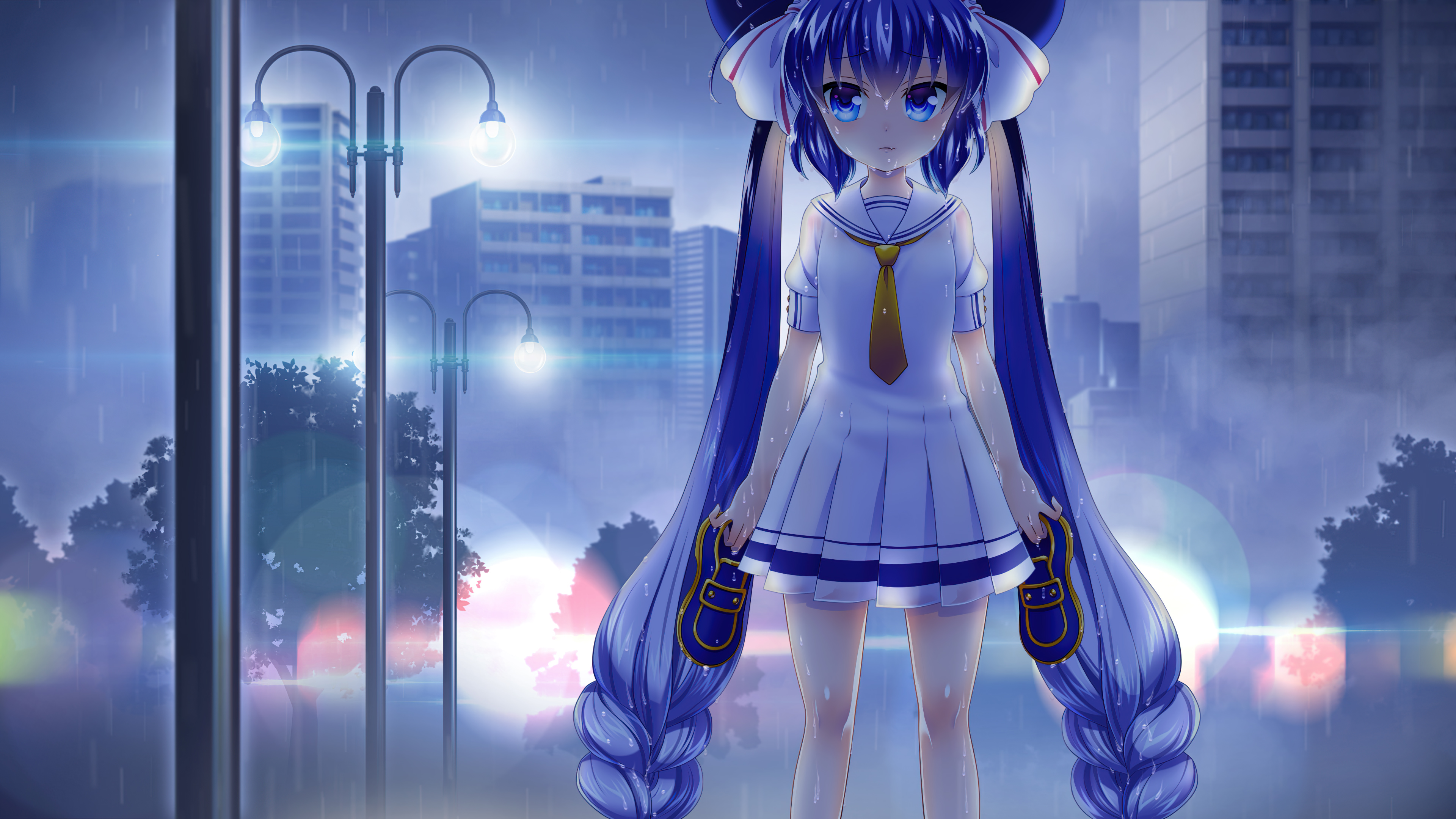 Anime girl with blue hair in sailor uniform in the rain HD Wallpaper
