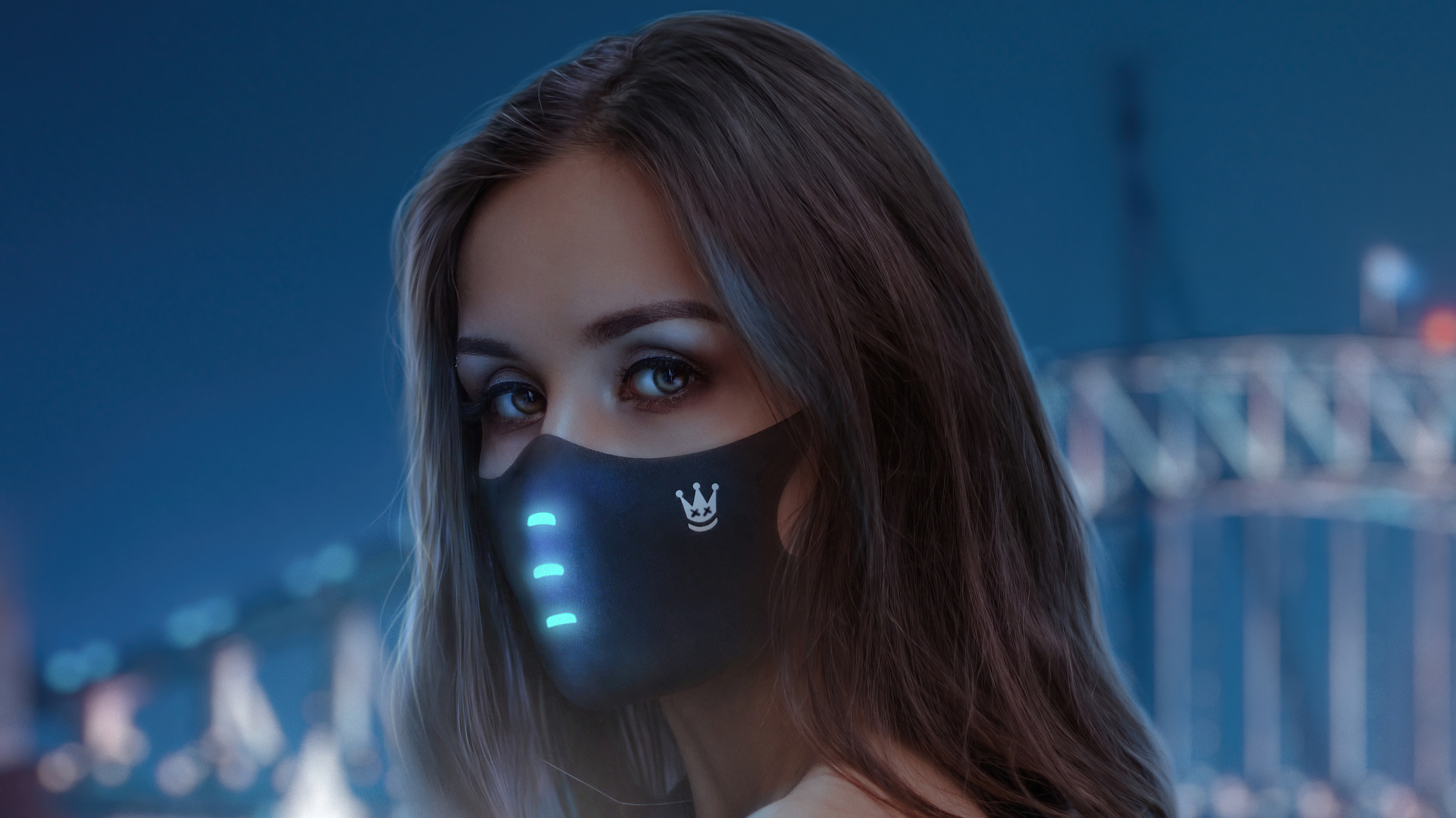 Woman wearing a futuristic mask at night HD Wallpaper
