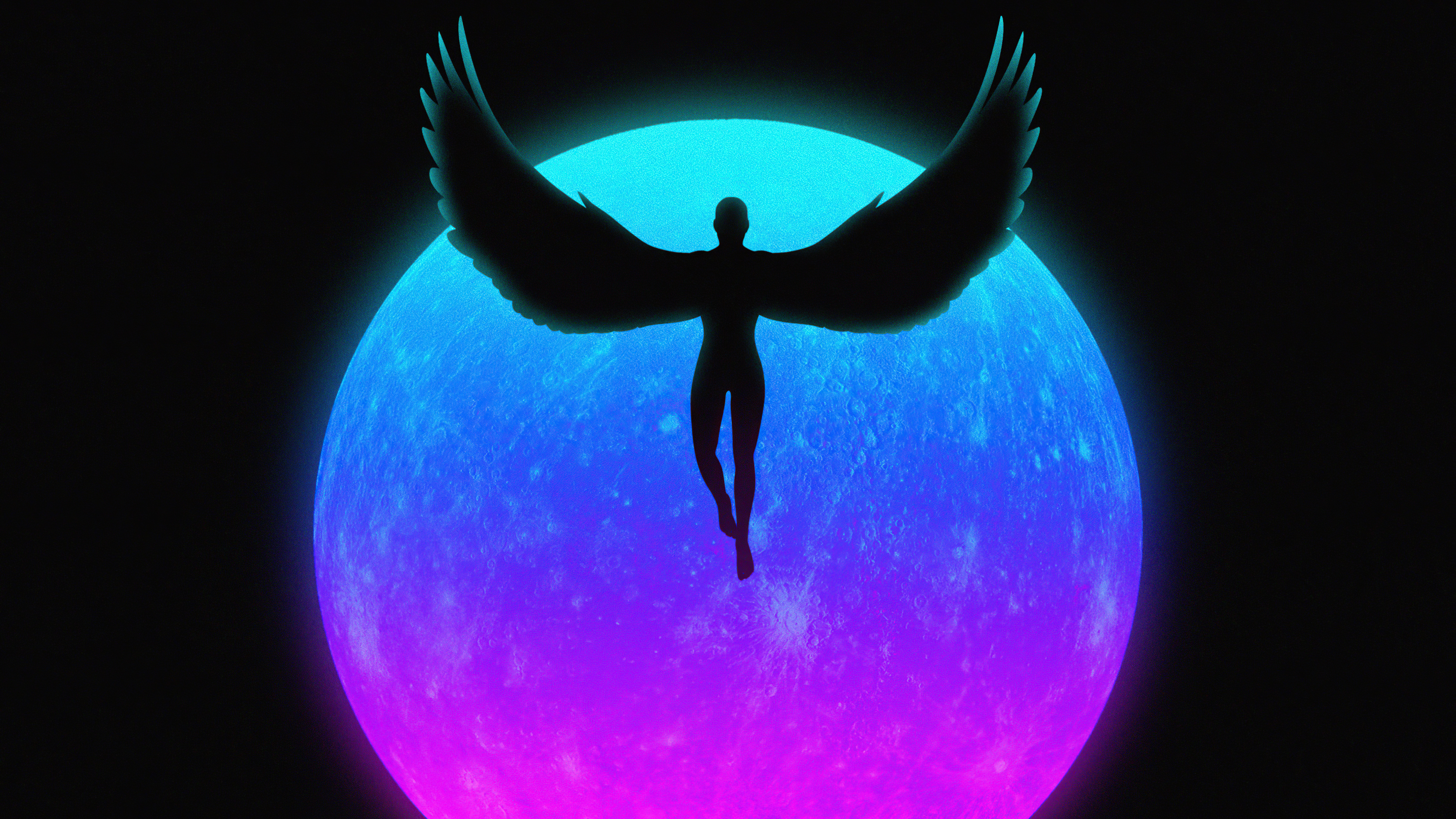 Silhouette of an angel with wings in front of a glowing planet HD Wallpaper