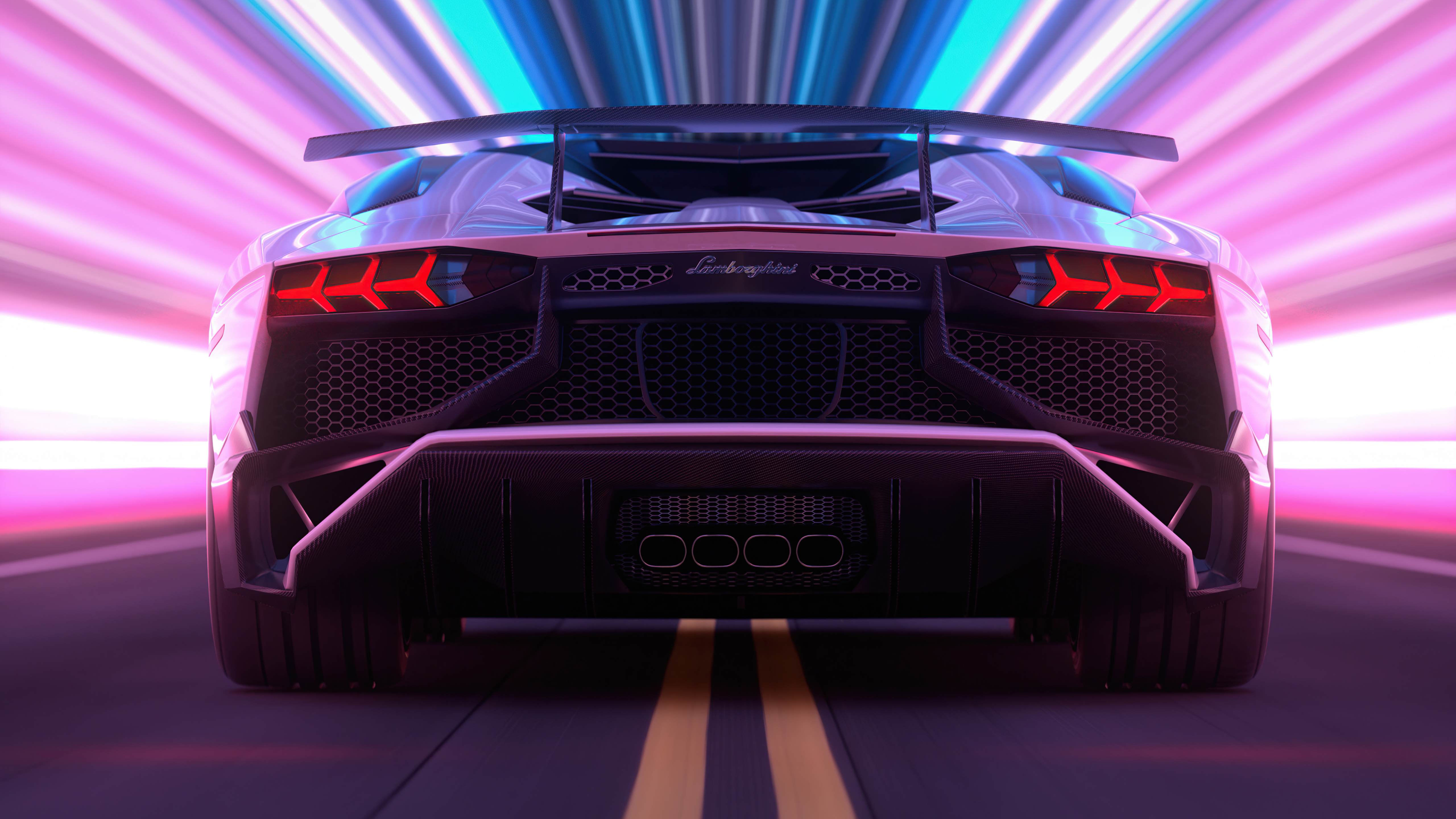 Lamborghini Aventador rear view in neon tunnel HD Wallpaper