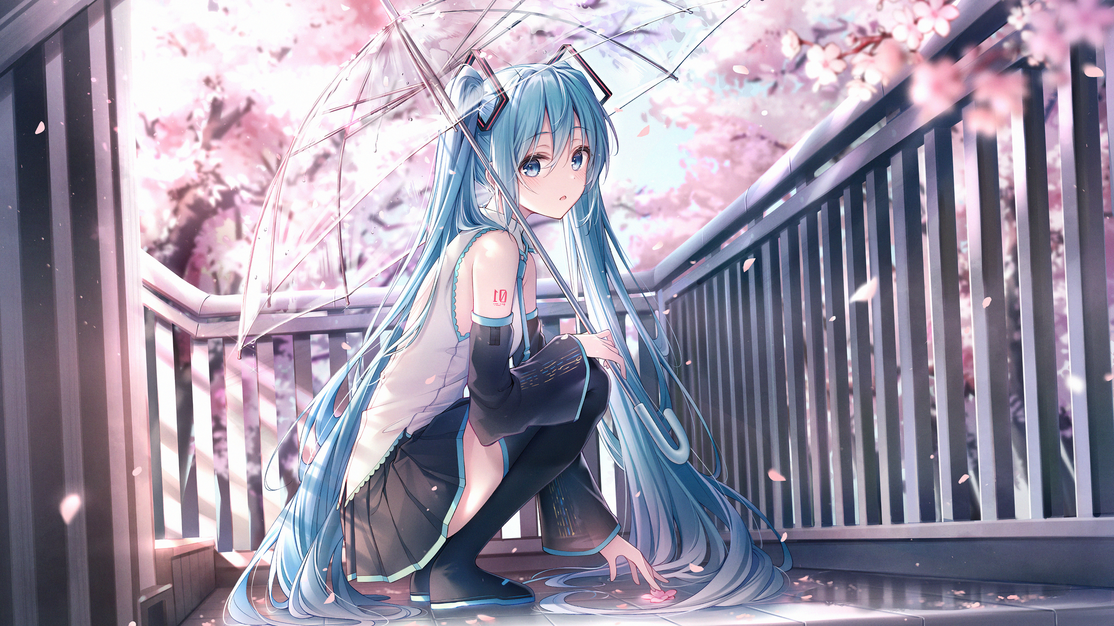 Hatsune Miku with Umbrella under Cherry Blossoms 4K HD Wallpaper