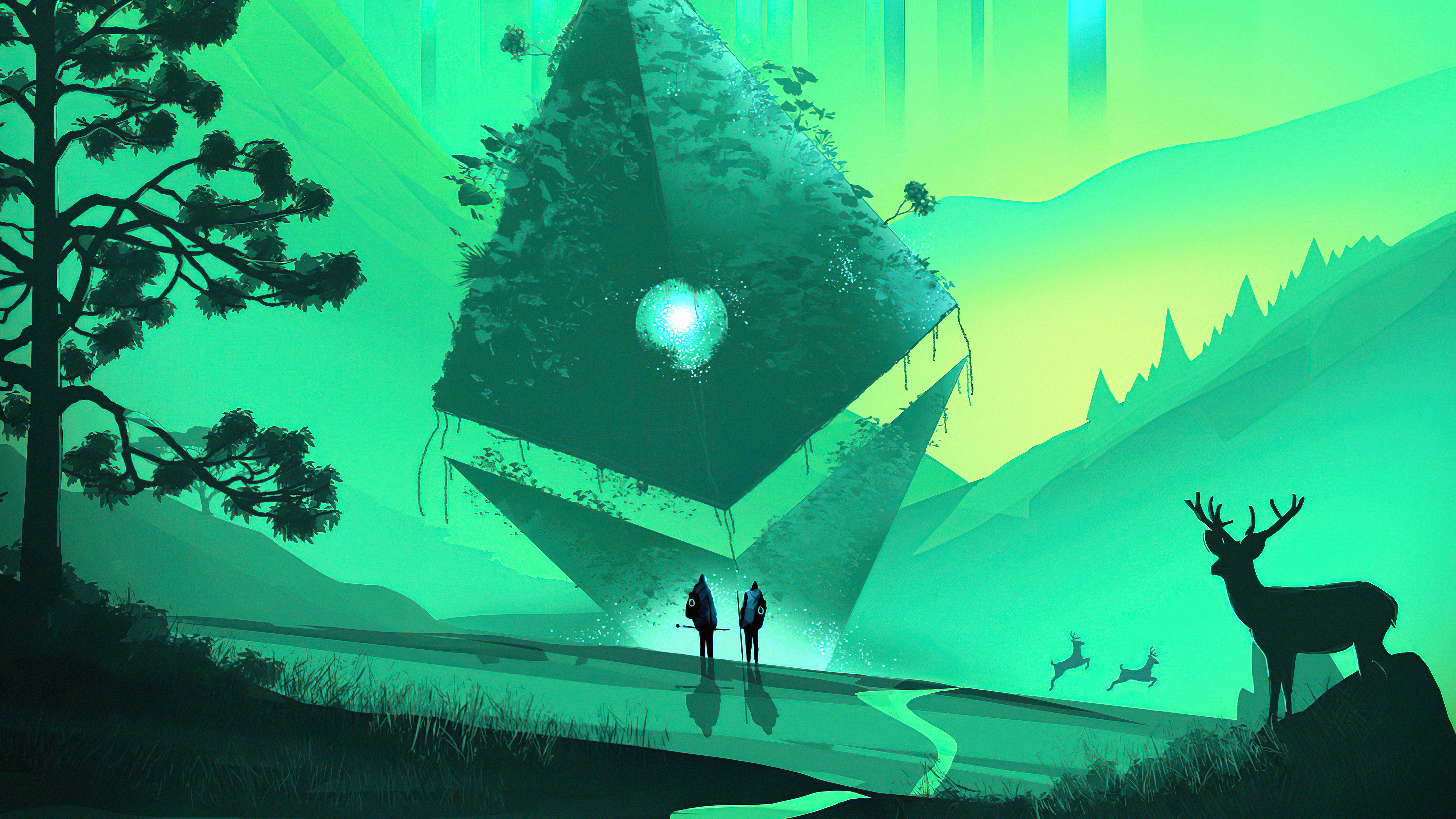 Two figures stand before a massive, overgrown alien monolith in a green landscape with deer HD Wallpaper