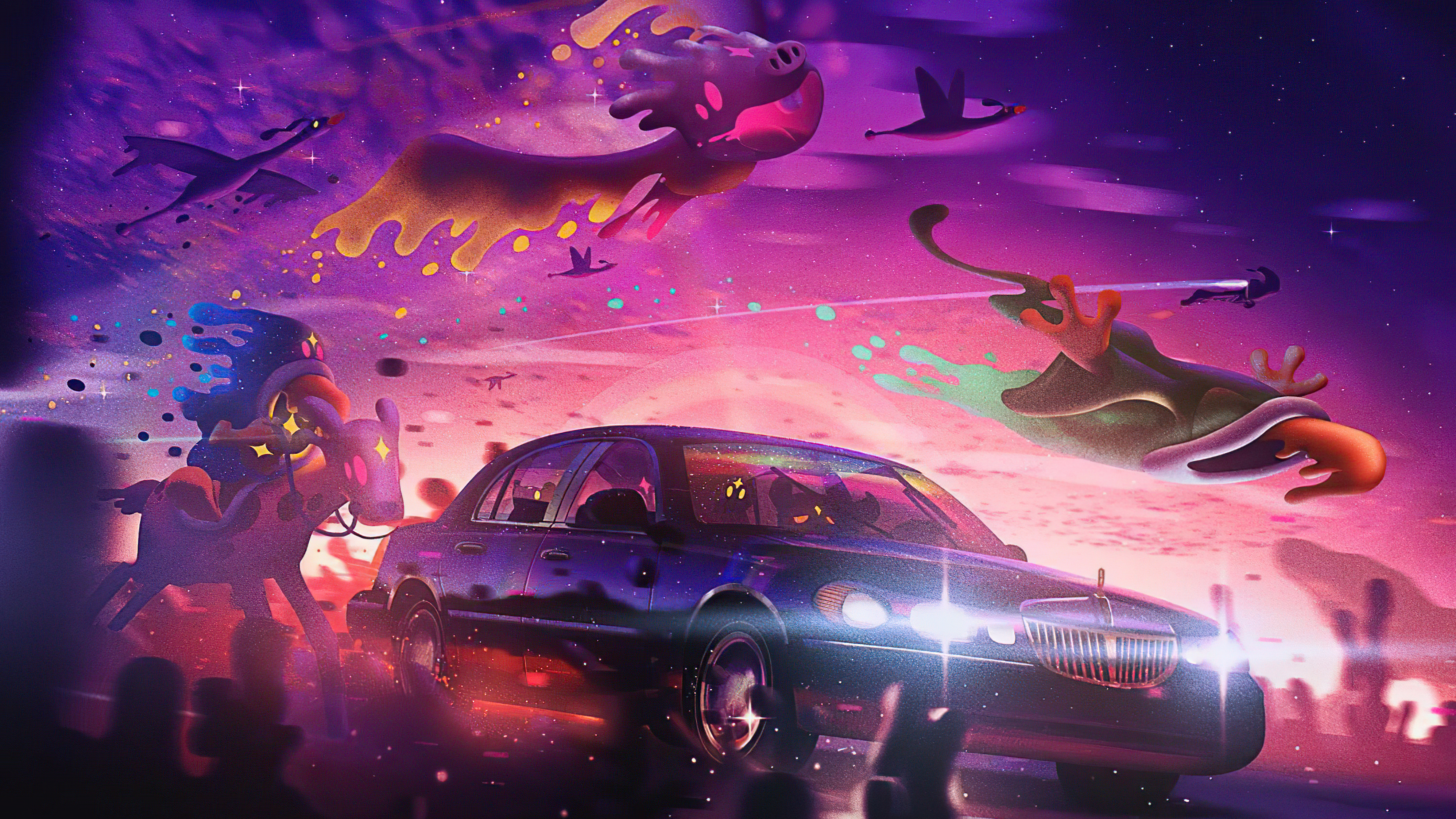 Surreal car ride with fantastical creatures HD Wallpaper