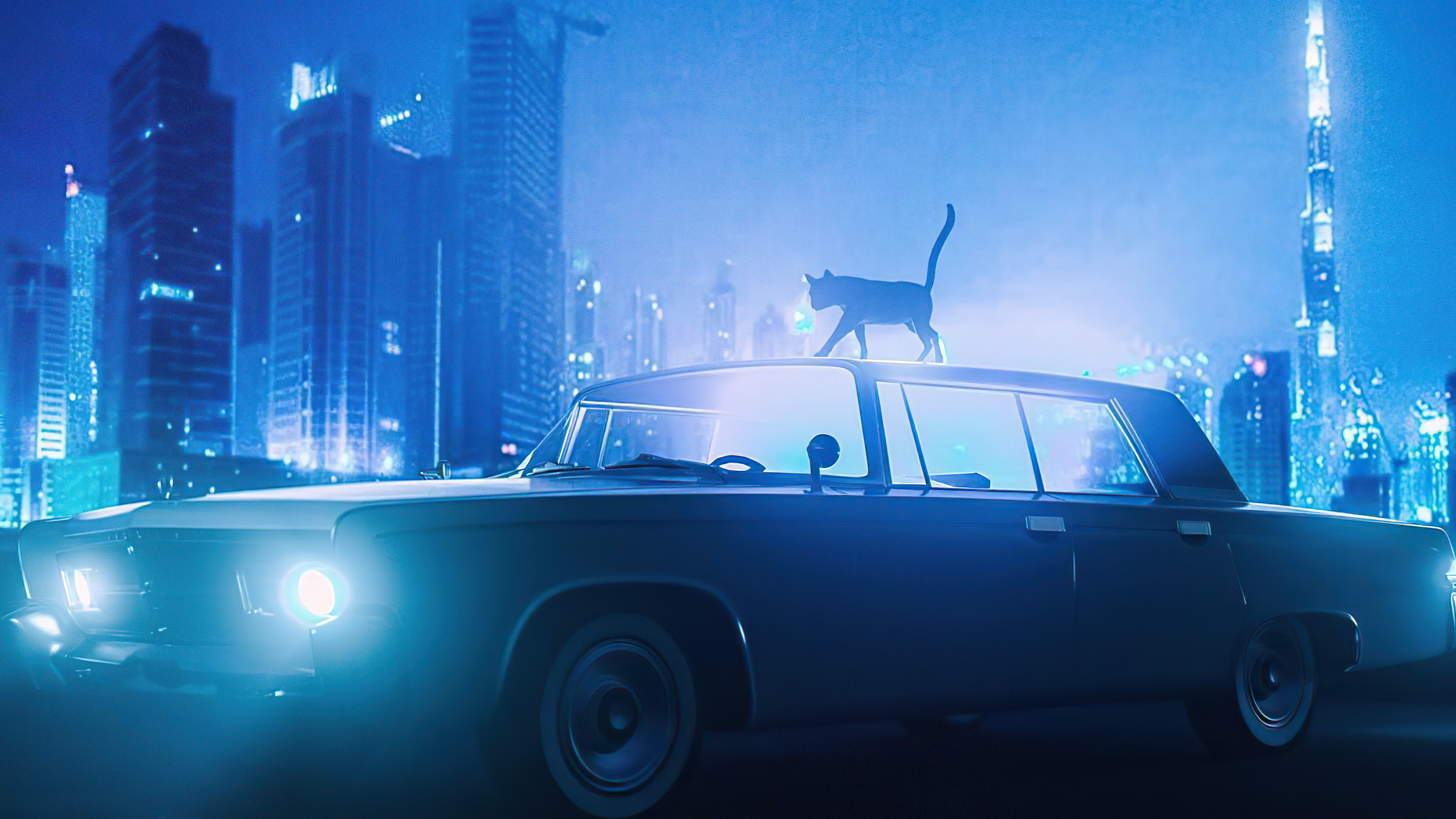Cat on a car in a futuristic city HD Wallpaper
