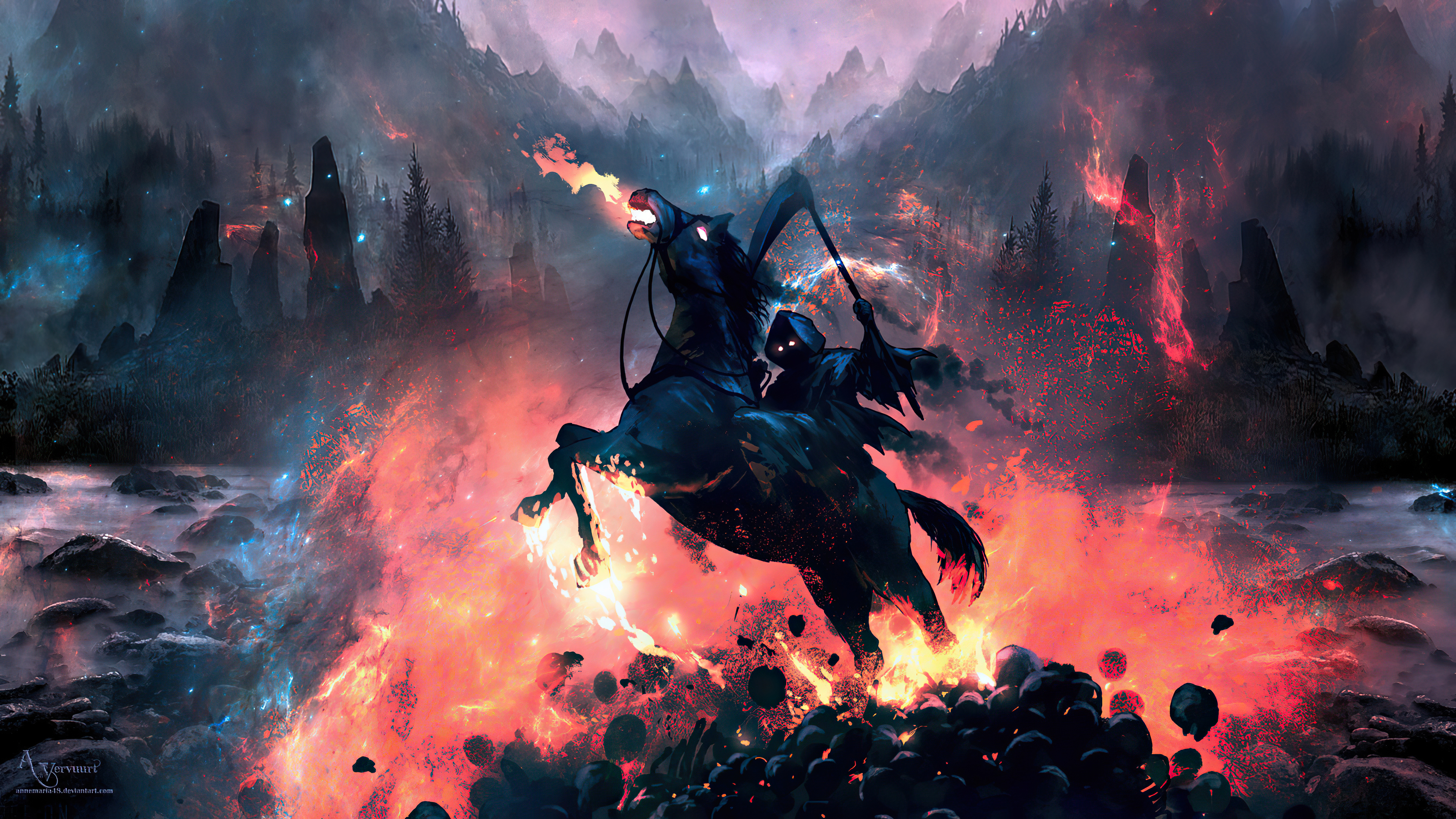 Grim Reaper on a fiery horse with scythe HD Wallpaper