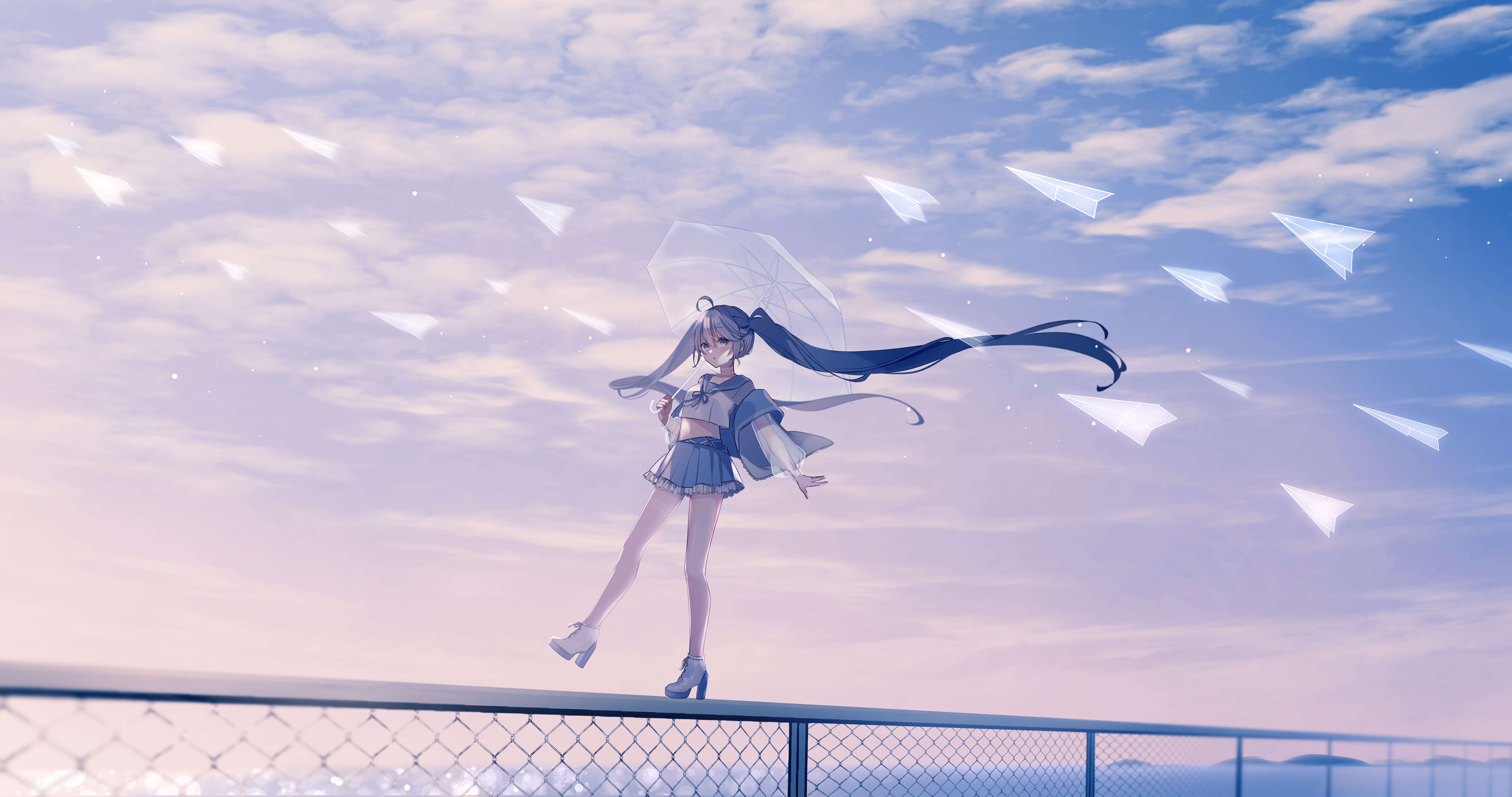 Anime girl with umbrella and paper airplanes HD Wallpaper