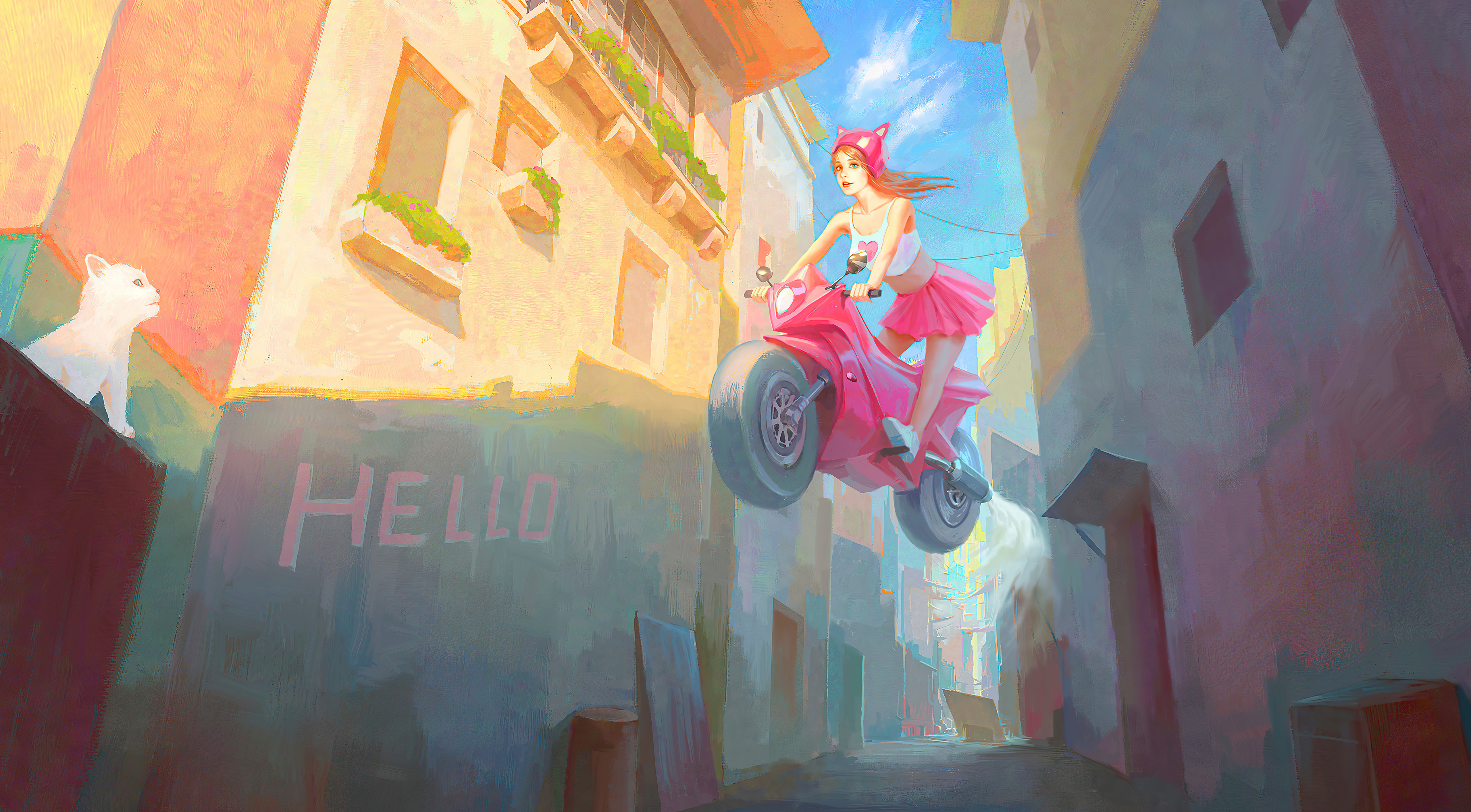 Girl on pink scooter in alley with cat HD Wallpaper