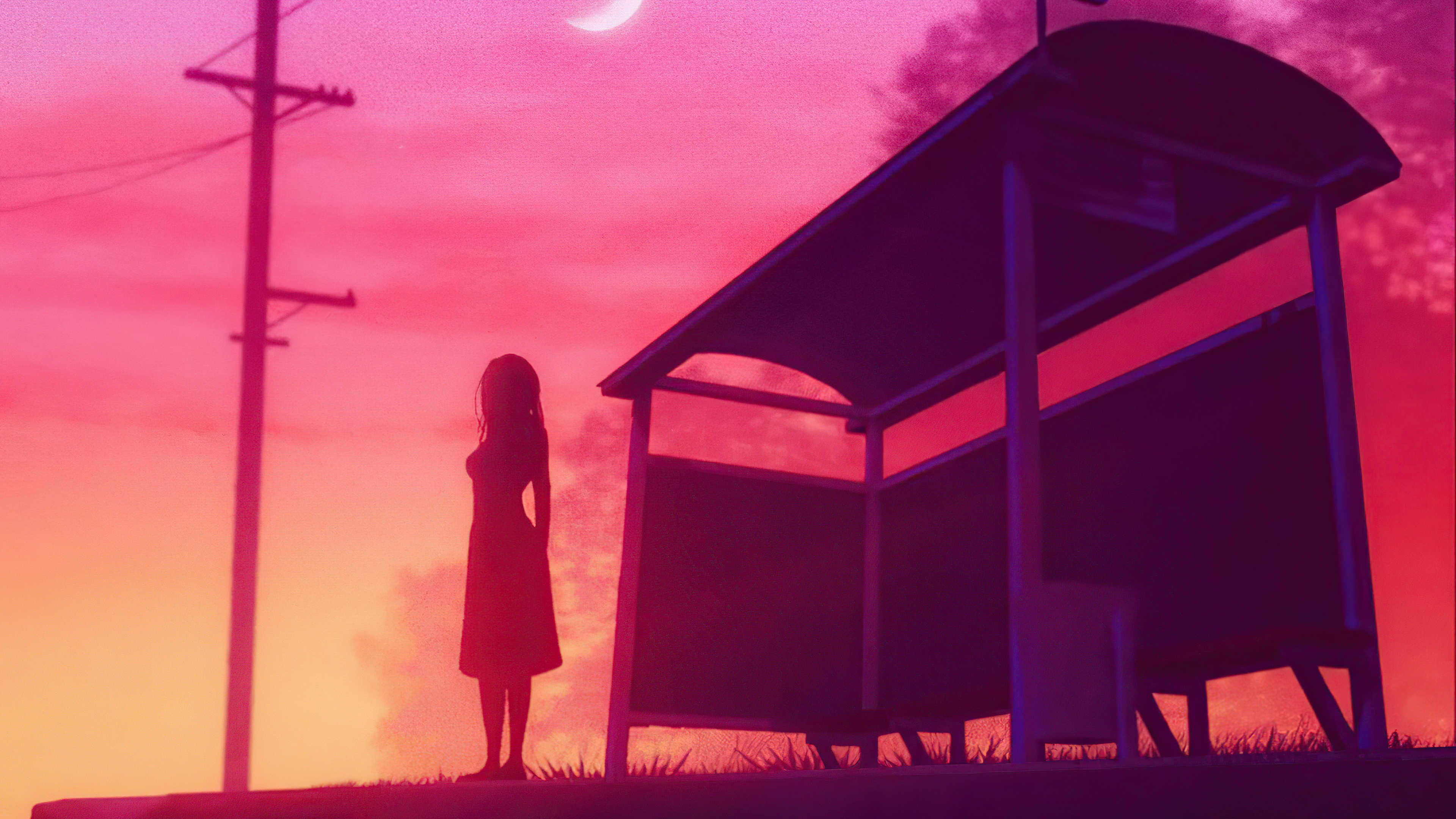 Girl at bus stop with moon and power lines HD Wallpaper