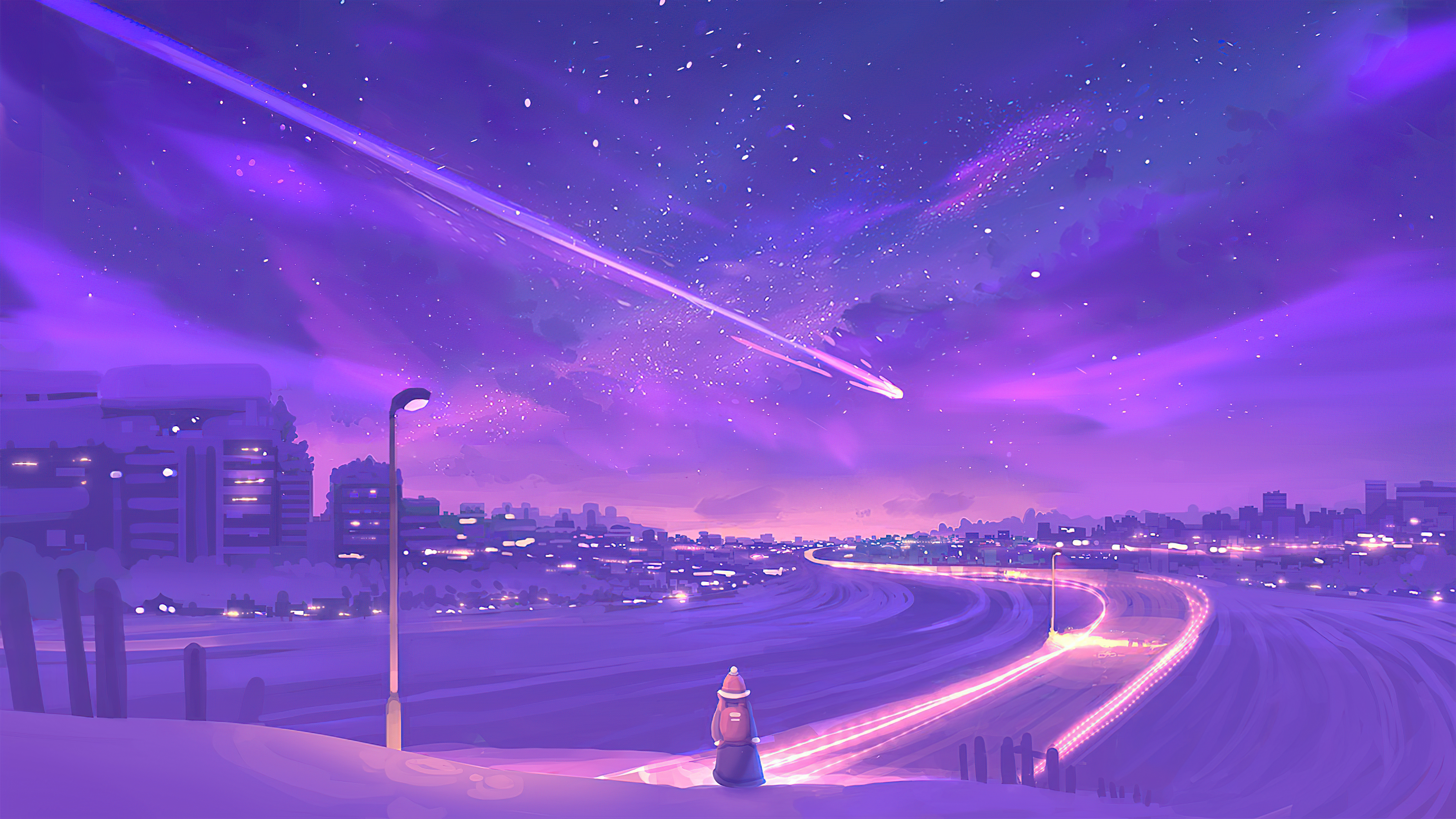 Anime cityscape with shooting star and lone figure HD Wallpaper