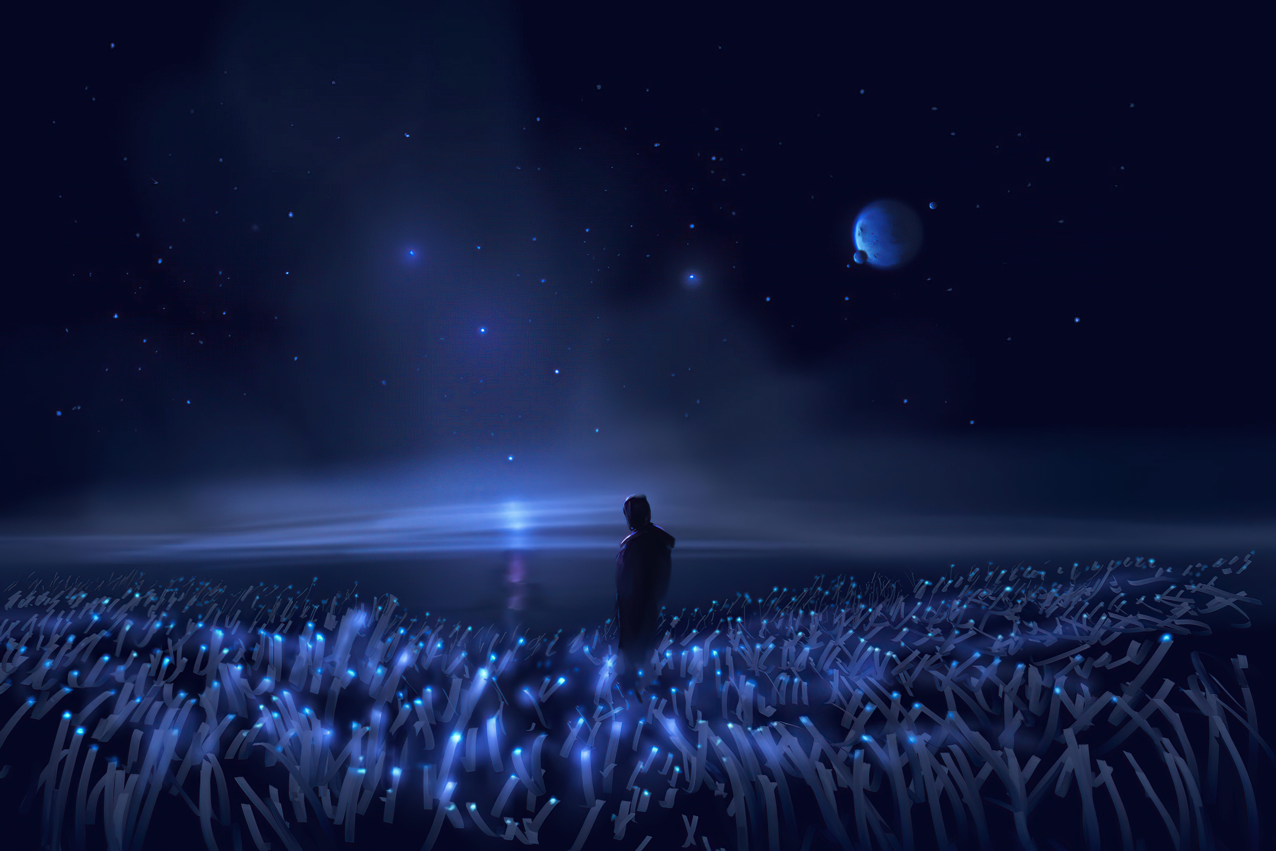 Person in glowing field under starry sky with moon HD Wallpaper