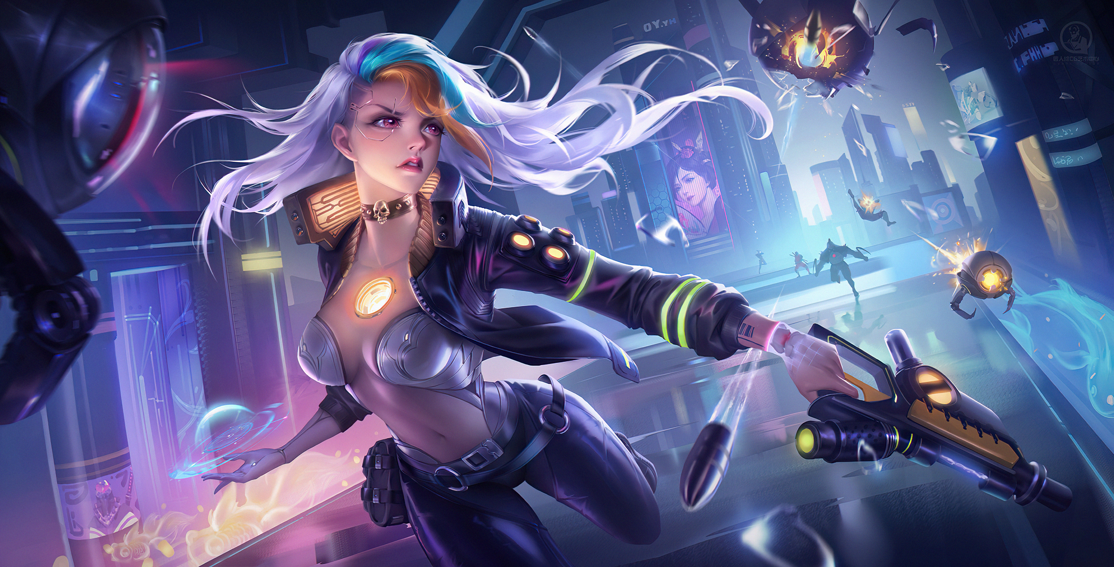 Cyberpunk woman with gun in futuristic city HD Wallpaper