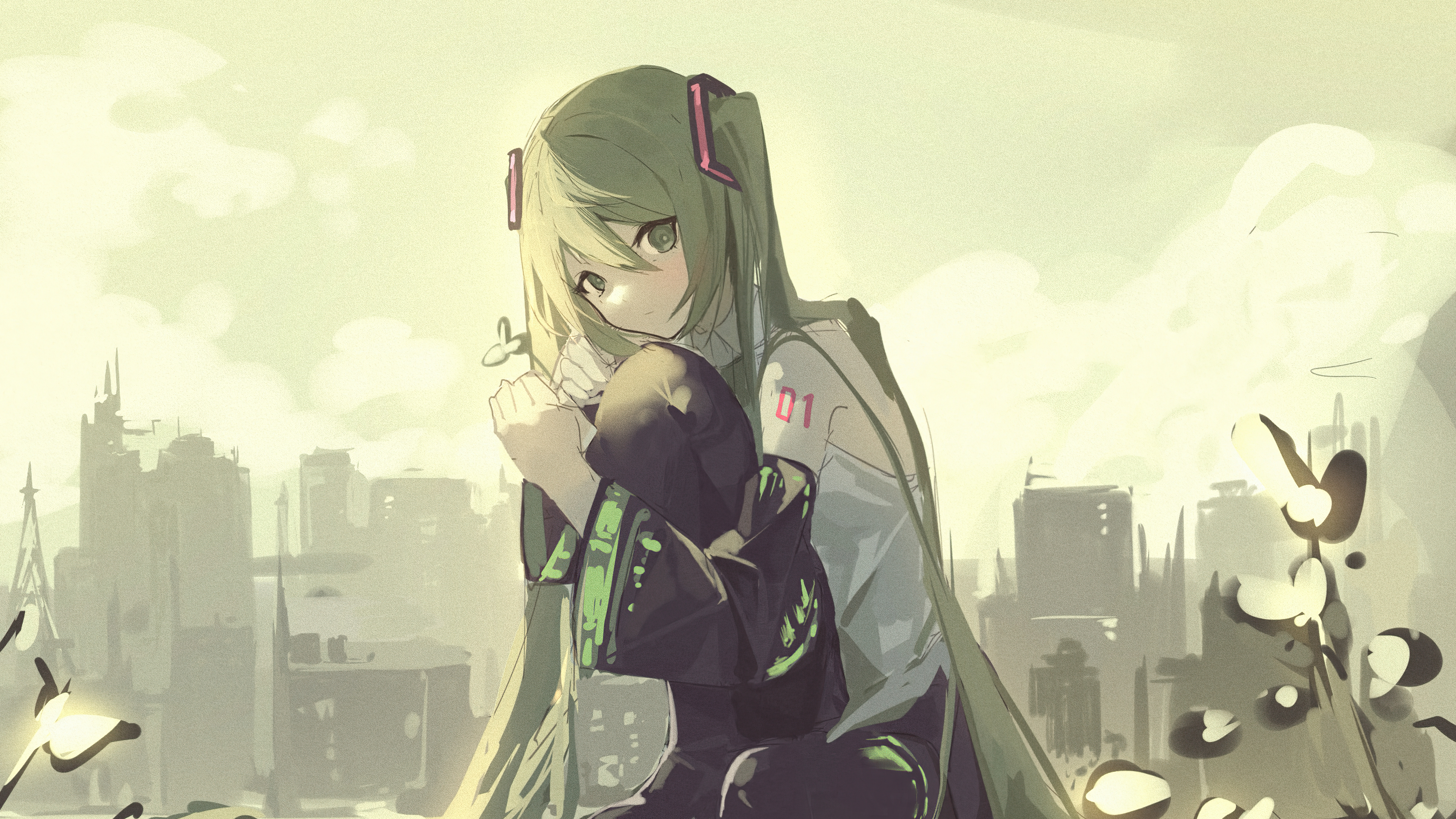 Hatsune Miku from Vocaloid sitting in a city HD Wallpaper