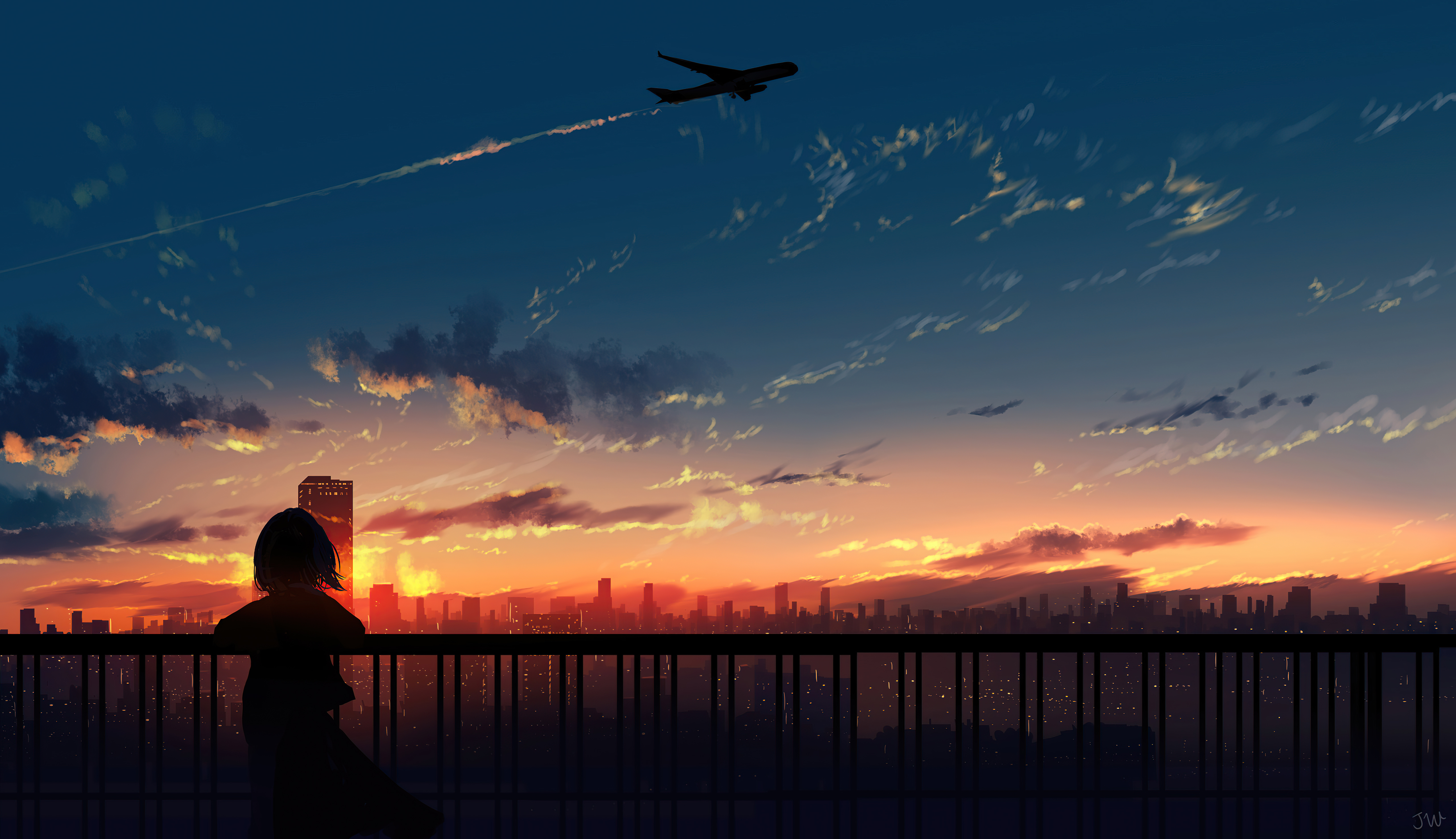 Anime Girl Watching Sunset with Airplane HD Wallpaper