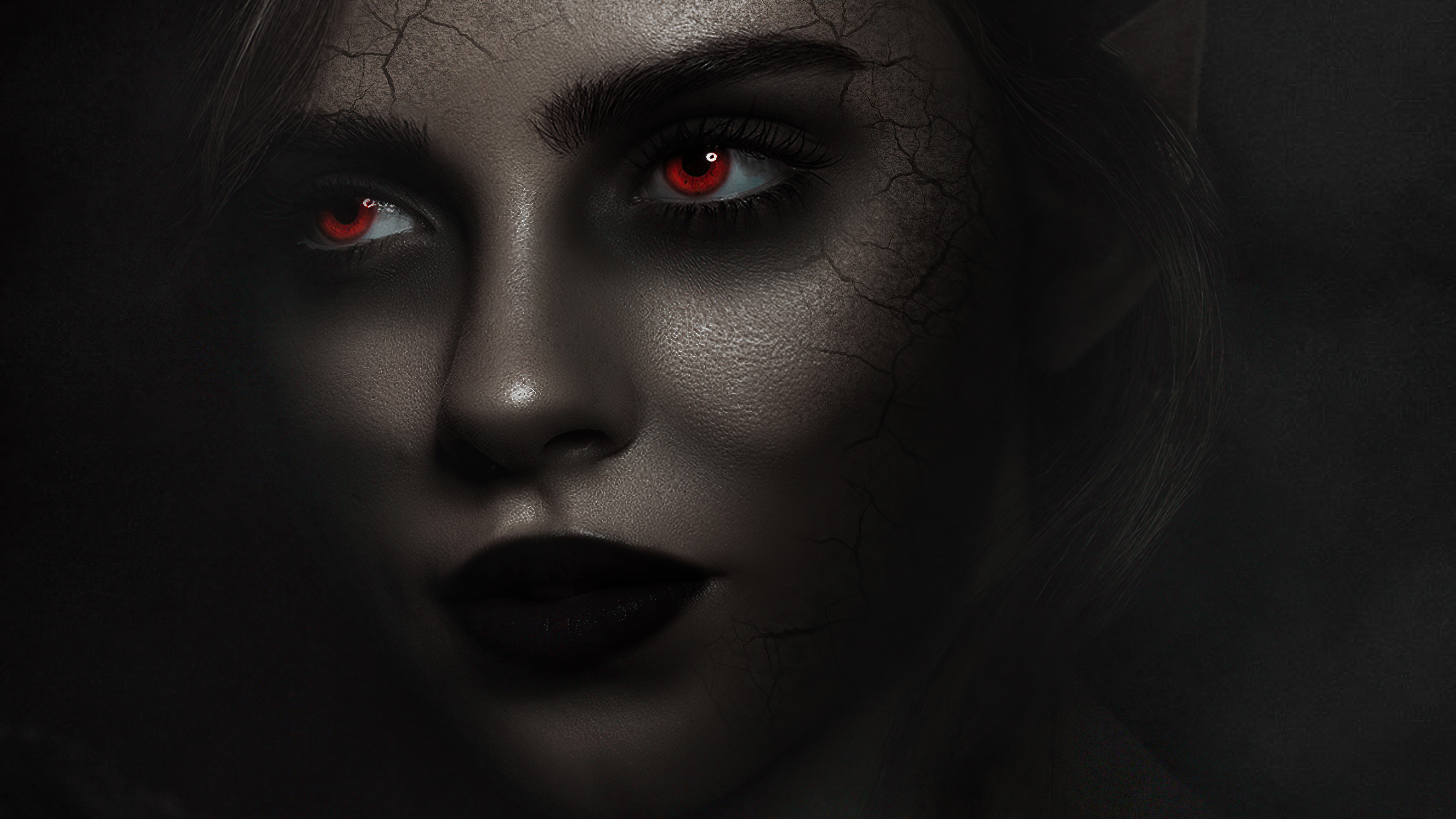 Digital art of a woman with red eyes and cracked skin HD Wallpaper