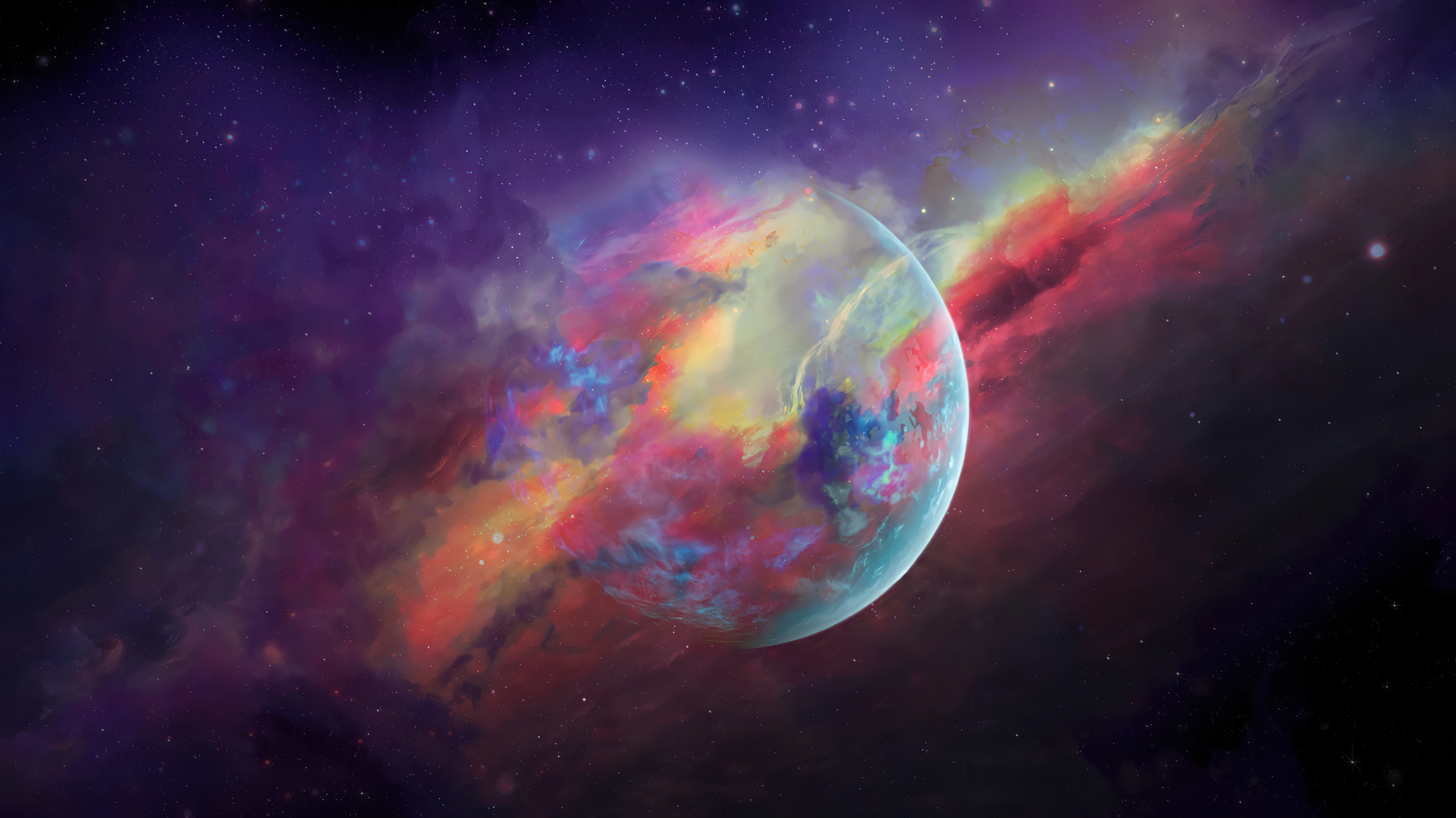 Planet in a colorful nebula, digital art HD Wallpaper