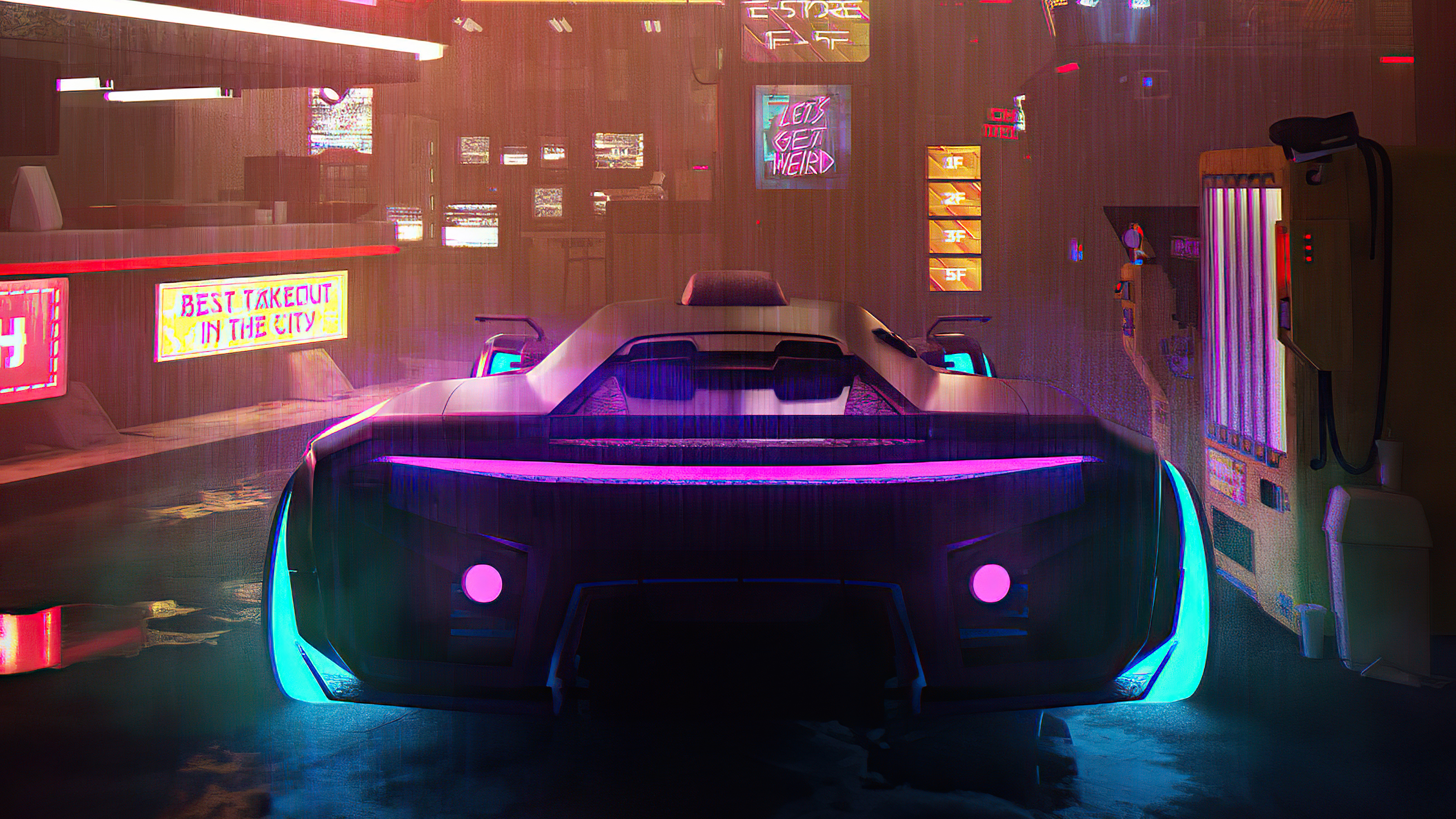 Cyberpunk car in a neon-lit city street HD Wallpaper