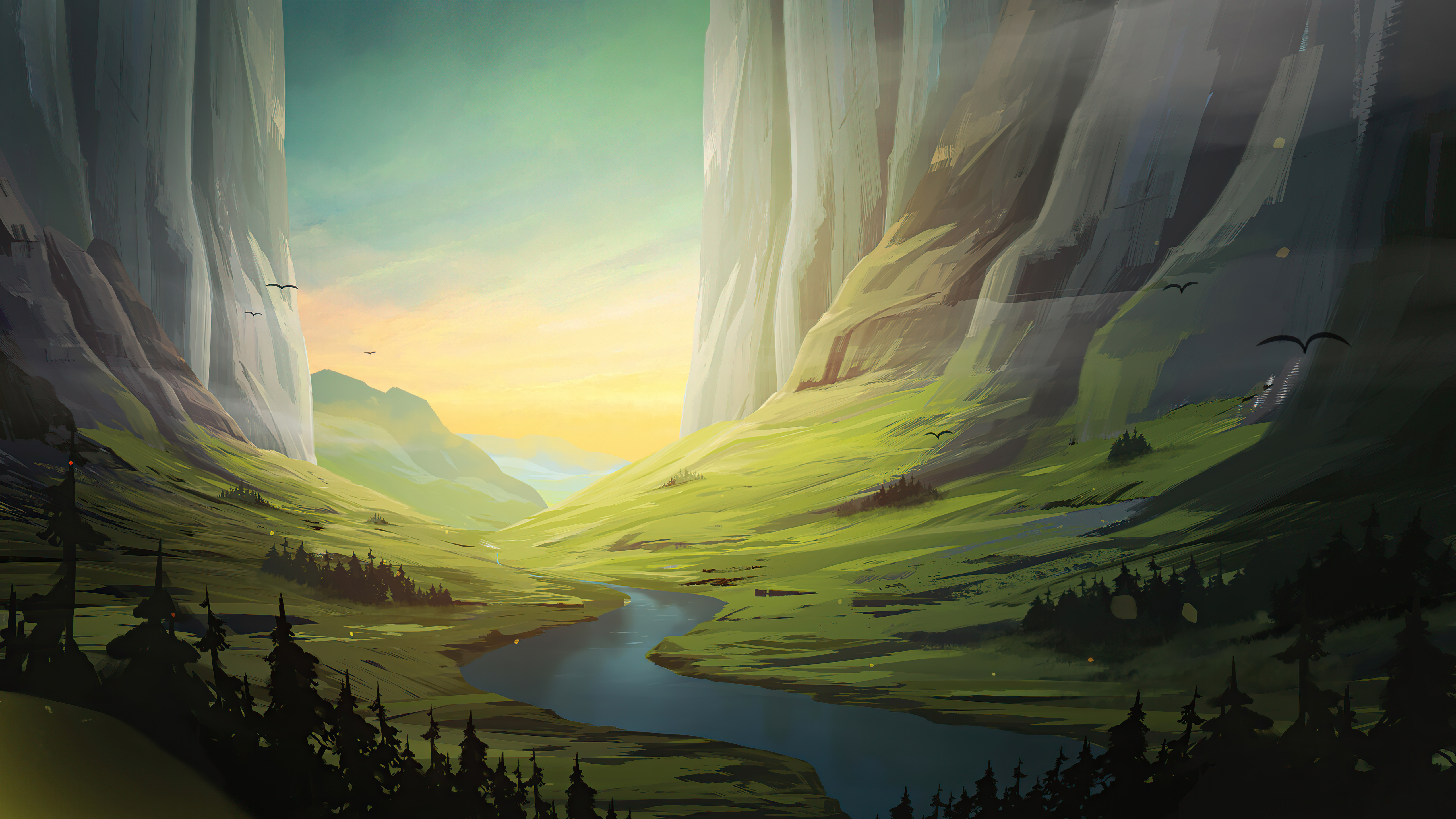 Digital art landscape with river and mountains HD Wallpaper